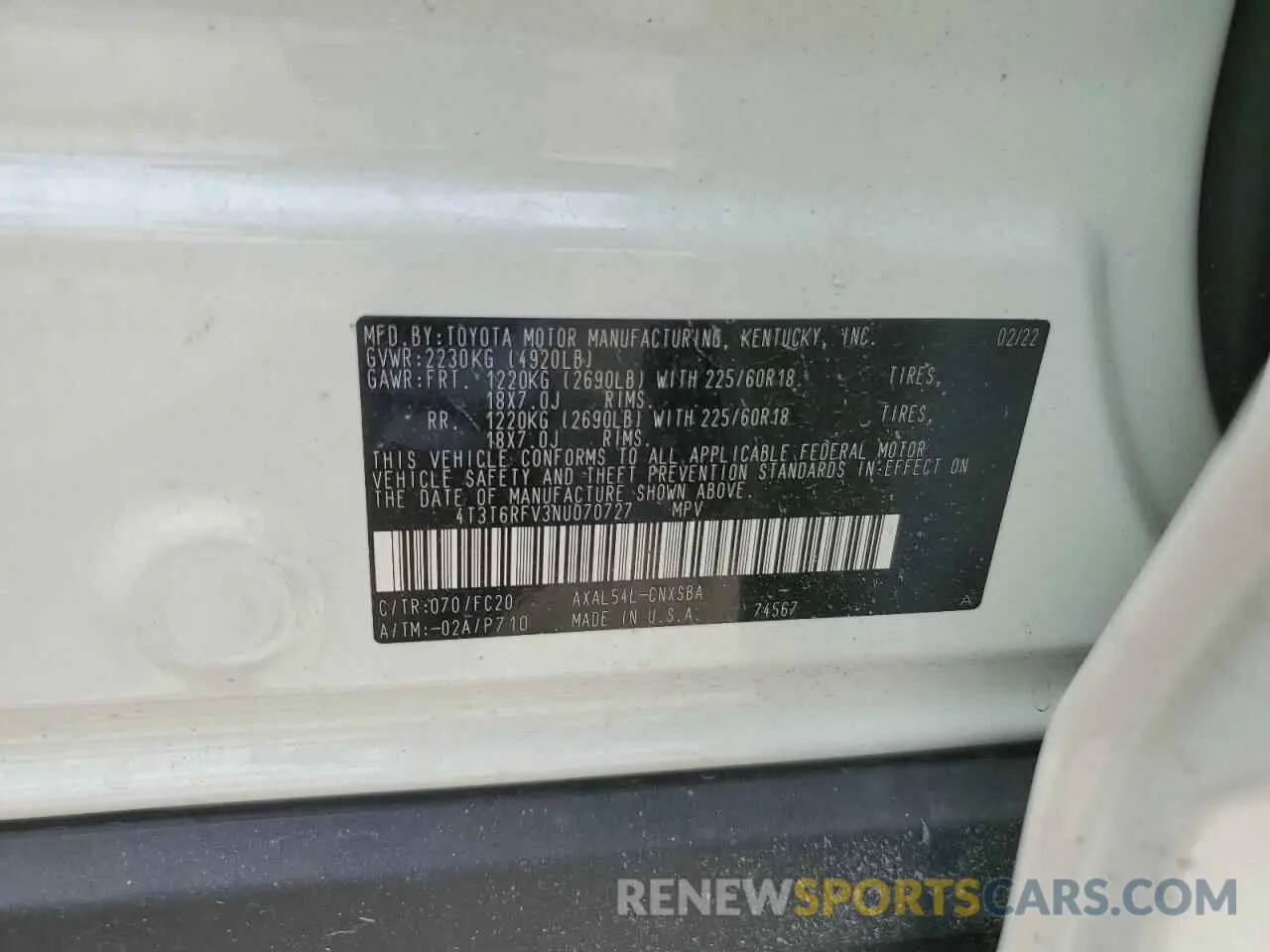 10 fotografías del automóvil dañado 4T3T6RFV3NU070727 TOYOTA RAV4 2022