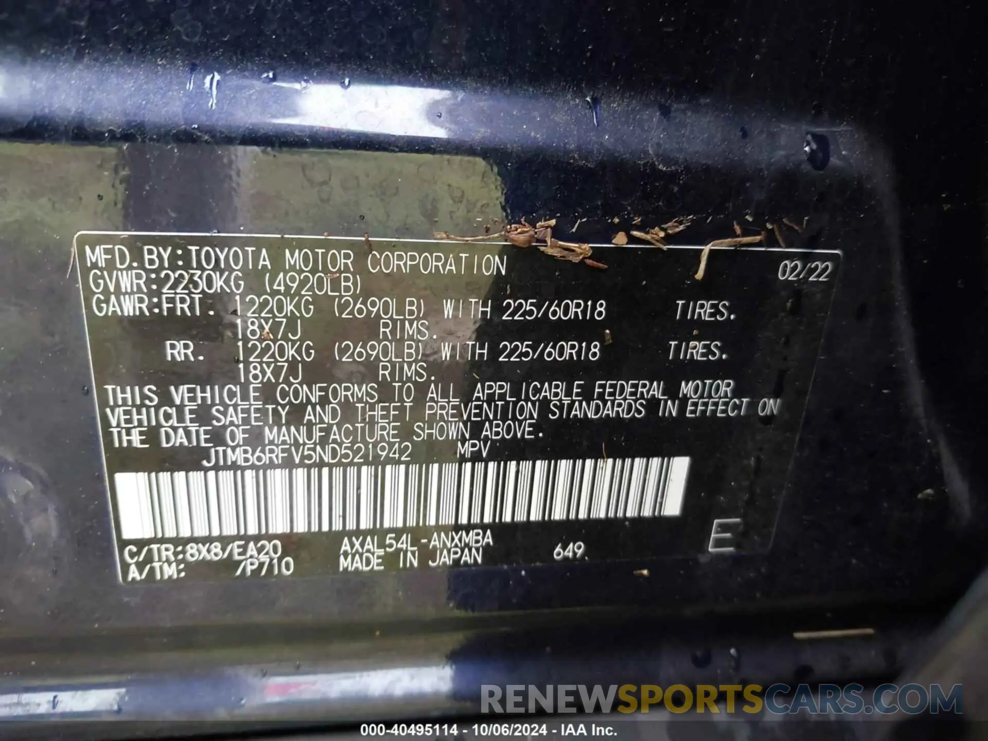 9 fotografías del automóvil dañado JTMB6RFV5ND521942 TOYOTA RAV4 2022