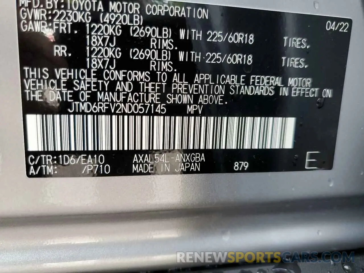 10 fotografías del automóvil dañado JTMD6RFV2ND057145 TOYOTA RAV4 2022