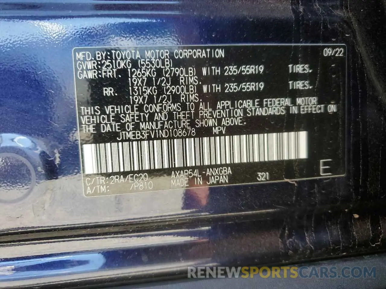 13 fotografías del automóvil dañado JTMEB3FV1ND108678 TOYOTA RAV4 2022