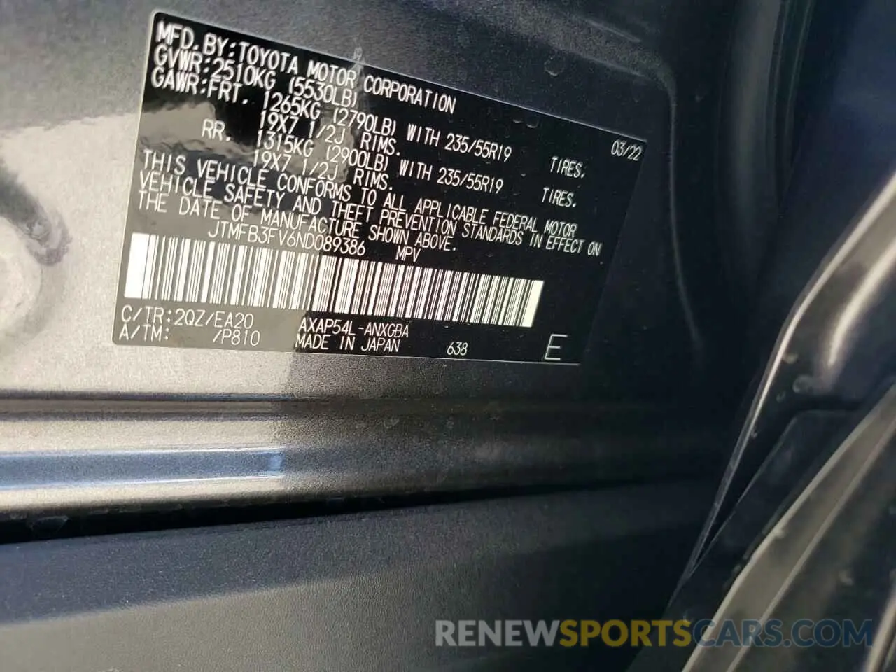 10 fotografías del automóvil dañado JTMFB3FV6ND089386 TOYOTA RAV4 2022