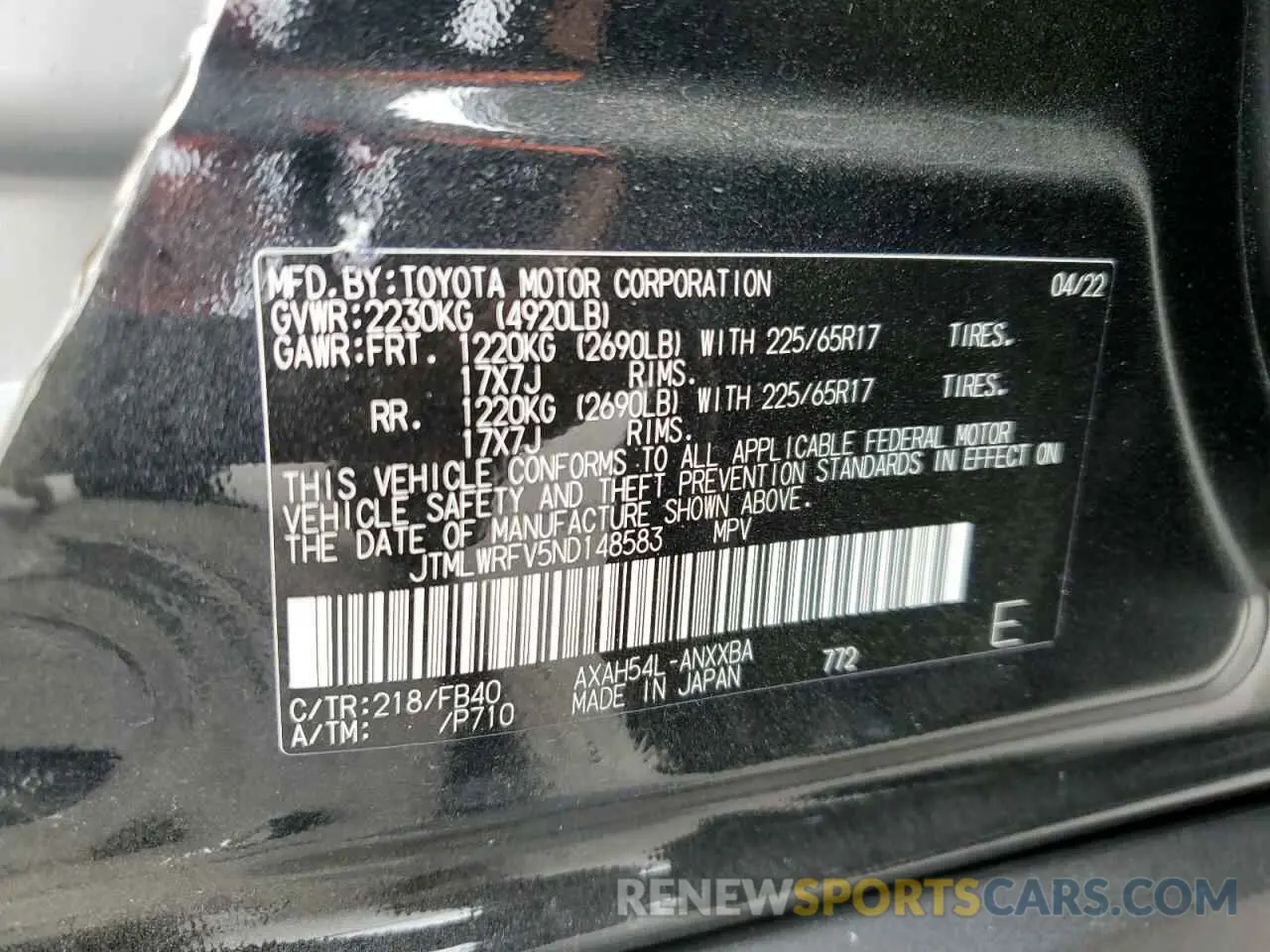 10 fotografías del automóvil dañado JTMLWRFV5ND148583 TOYOTA RAV4 2022