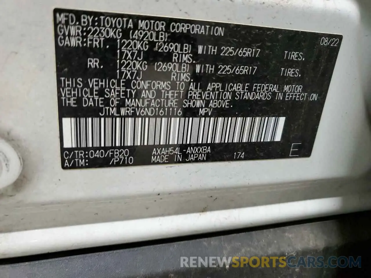 13 fotografías del automóvil dañado JTMLWRFV6ND161116 TOYOTA RAV4 2022