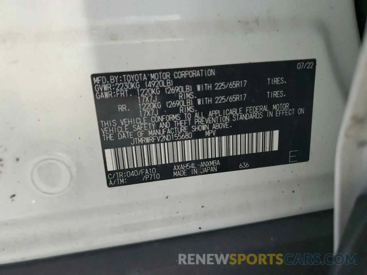 13 fotografías del automóvil dañado JTMRWRFV2ND155680 TOYOTA RAV4 2022