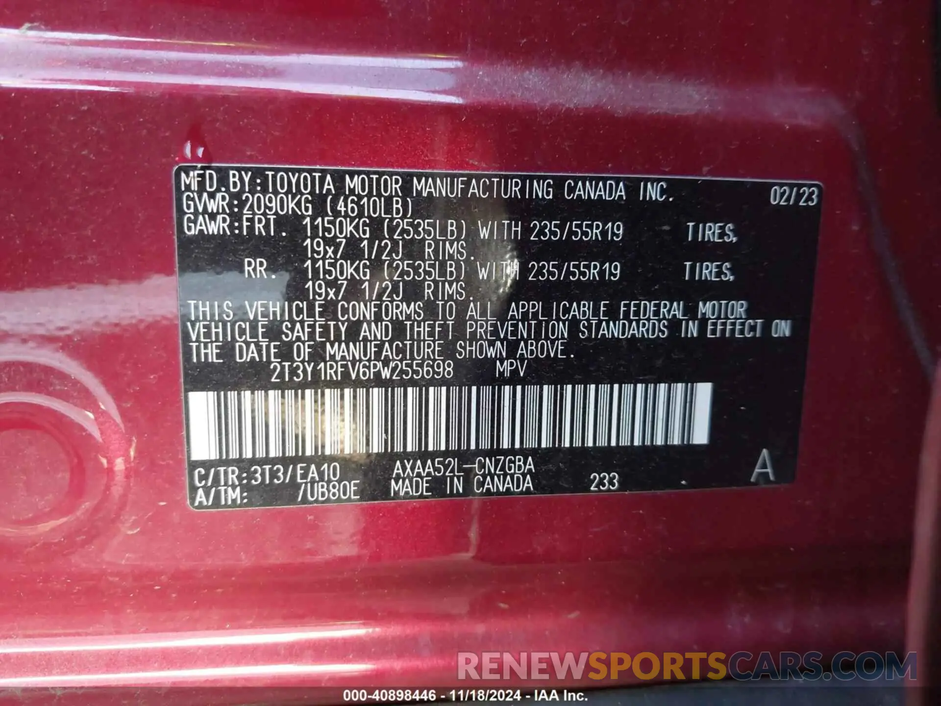 9 fotografías del automóvil dañado 2T3Y1RFV6PW255698 TOYOTA RAV4 2023