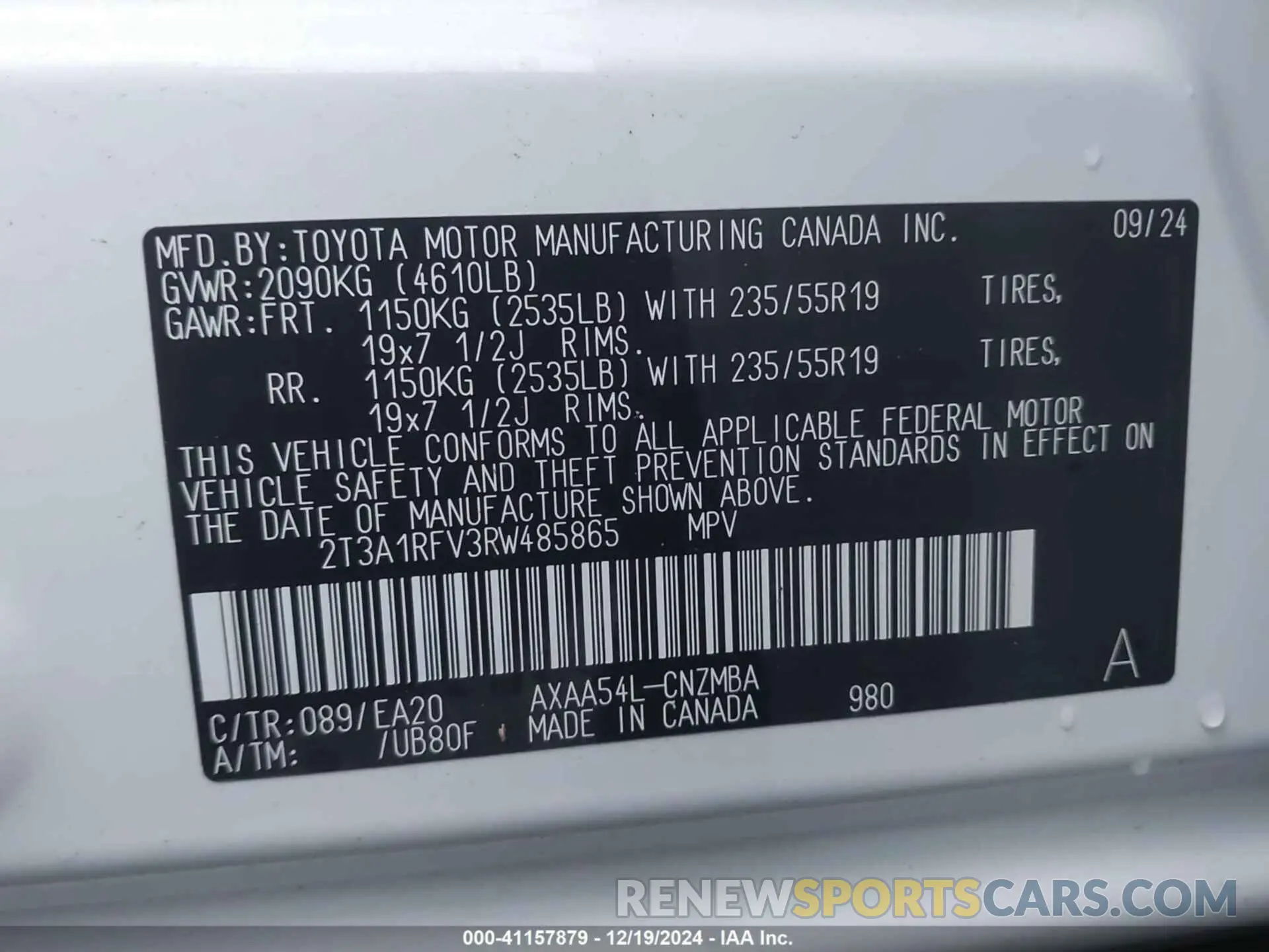 9 fotografías del automóvil dañado 2T3A1RFV3RW485865 TOYOTA RAV4 2024