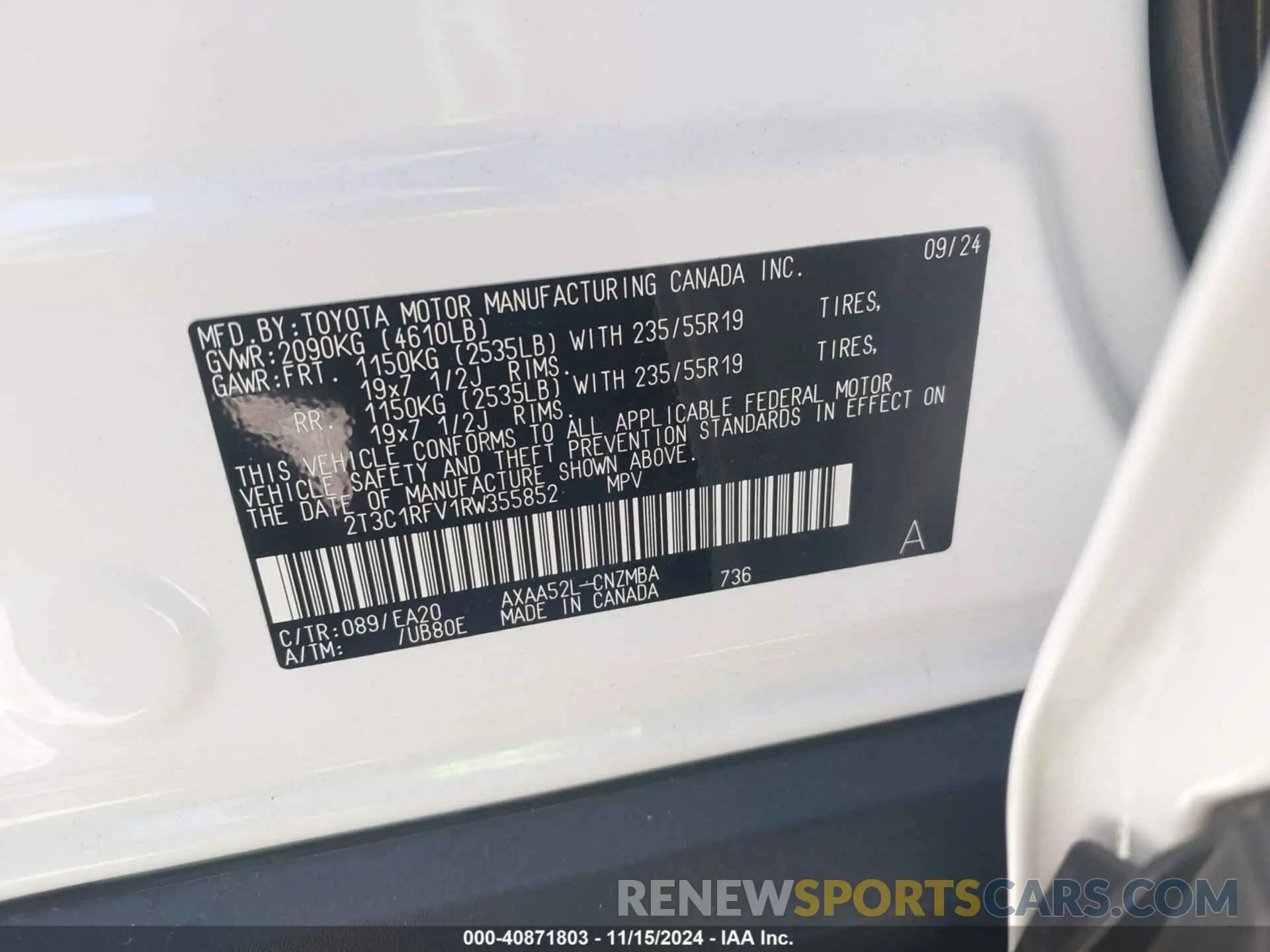 9 fotografías del automóvil dañado 2T3C1RFV1RW355852 TOYOTA RAV4 2024
