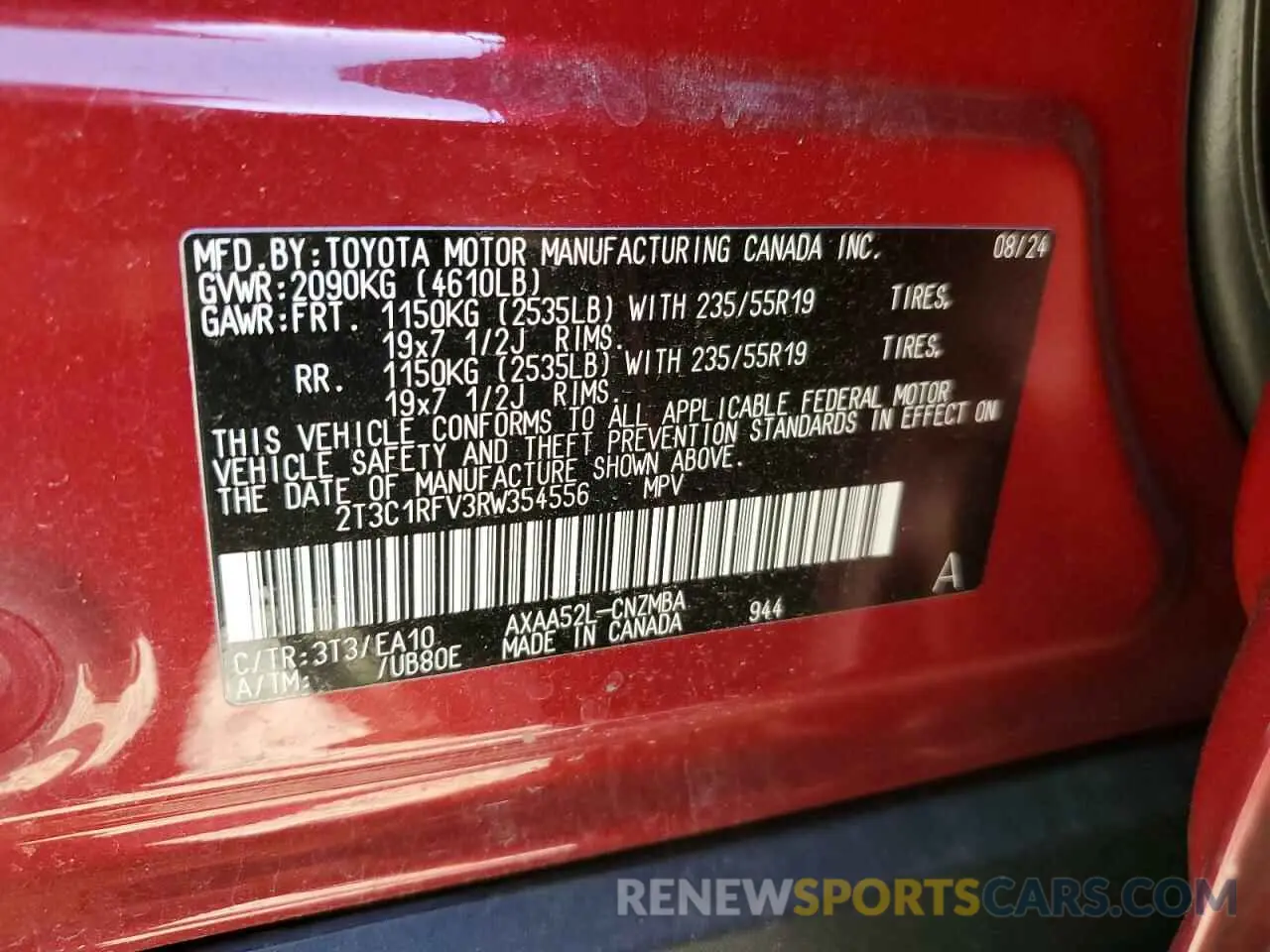 14 fotografías del automóvil dañado 2T3C1RFV3RW354556 TOYOTA RAV4 2024