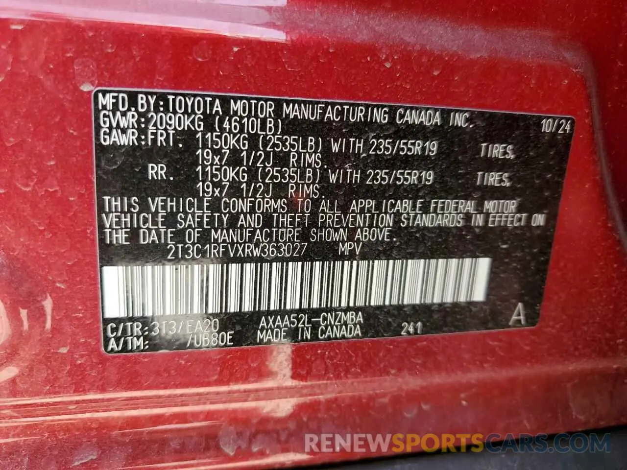 13 fotografías del automóvil dañado 2T3C1RFVXRW363027 TOYOTA RAV4 2024