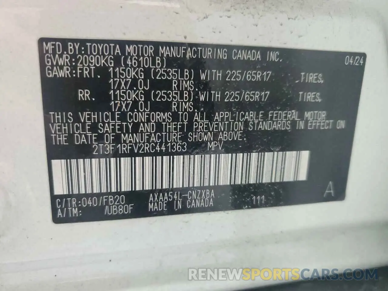 14 fotografías del automóvil dañado 2T3F1RFV2RC441363 TOYOTA RAV4 2024