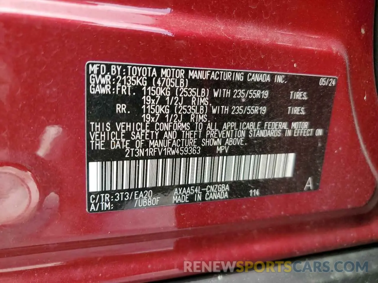15 fotografías del automóvil dañado 2T3N1RFV1RW459363 TOYOTA RAV4 2024