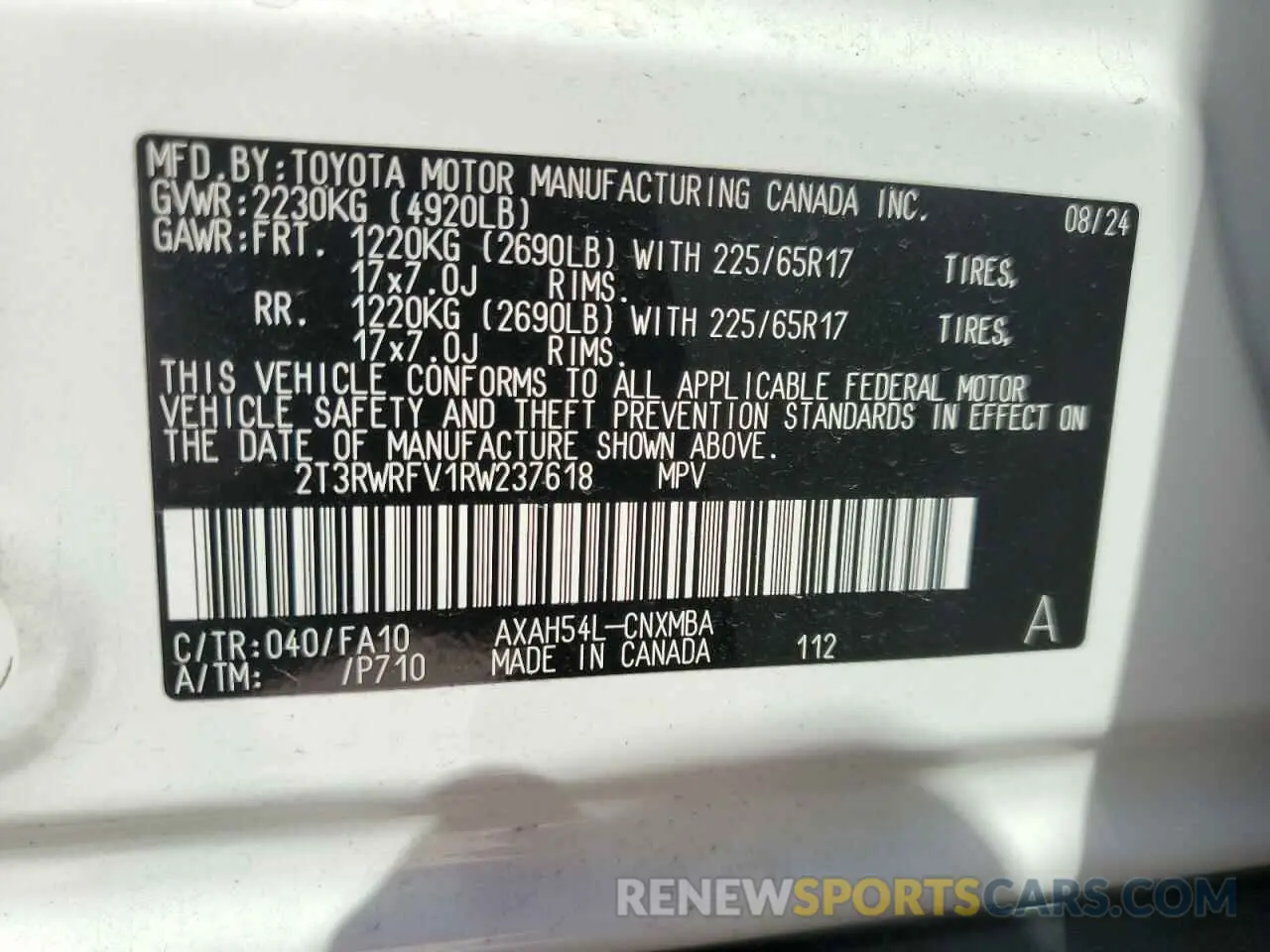 14 fotografías del automóvil dañado 2T3RWRFV1RW237618 TOYOTA RAV4 2024