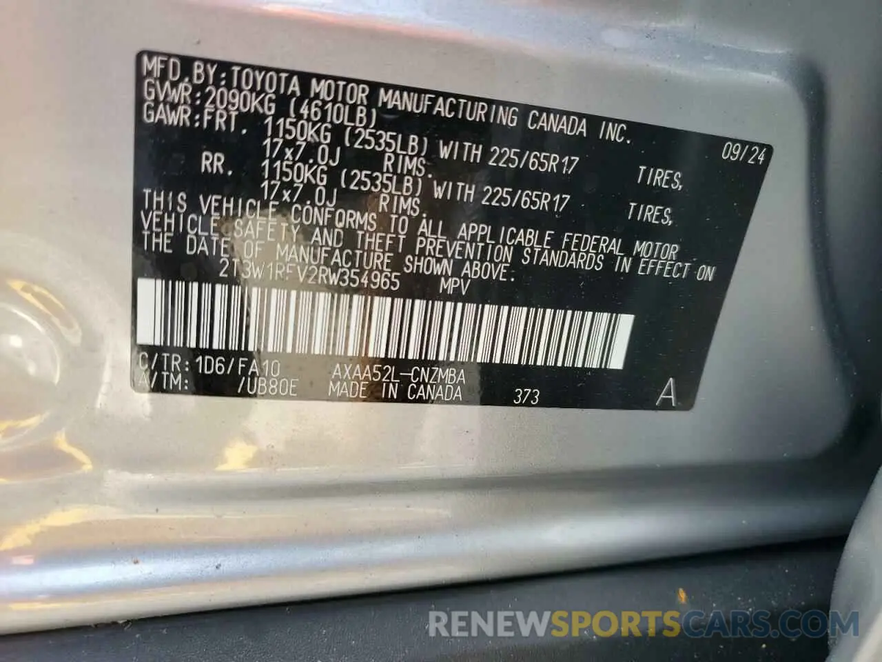 14 fotografías del automóvil dañado 2T3W1RFV2RW354965 TOYOTA RAV4 2024