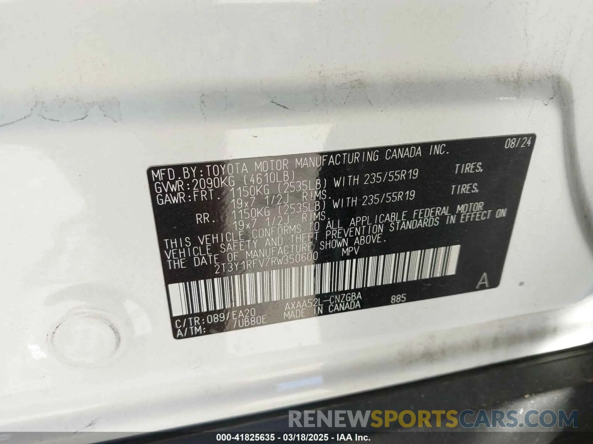 9 fotografías del automóvil dañado 2T3Y1RFV7RW350600 TOYOTA RAV4 2024