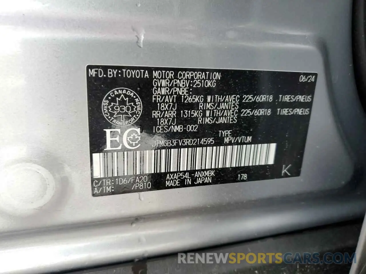 13 fotografías del automóvil dañado JTMGB3FV3RD214595 TOYOTA RAV4 2024