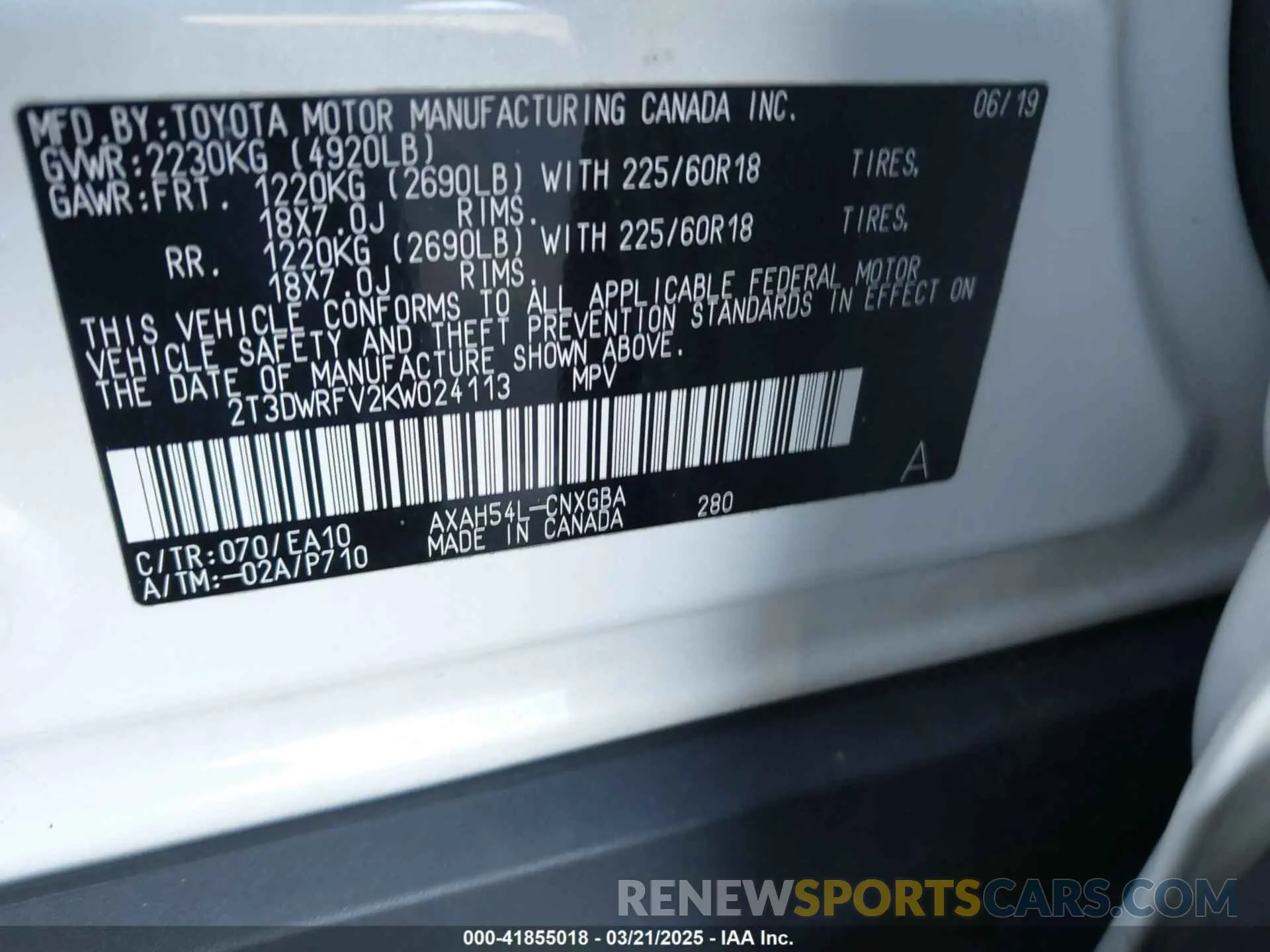 9 fotografías del automóvil dañado 2T3DWRFV2KW024113 TOYOTA RAV4 HYBRID 2019