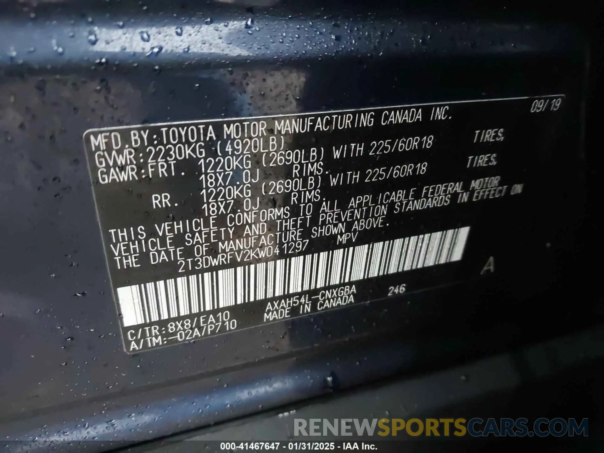 9 fotografías del automóvil dañado 2T3DWRFV2KW041297 TOYOTA RAV4 HYBRID 2019