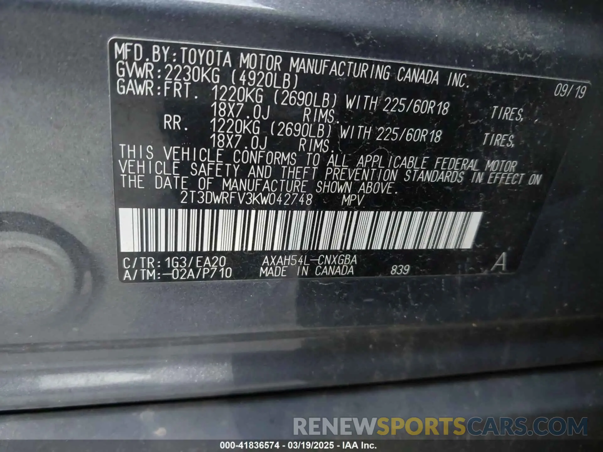 9 fotografías del automóvil dañado 2T3DWRFV3KW042748 TOYOTA RAV4 HYBRID 2019