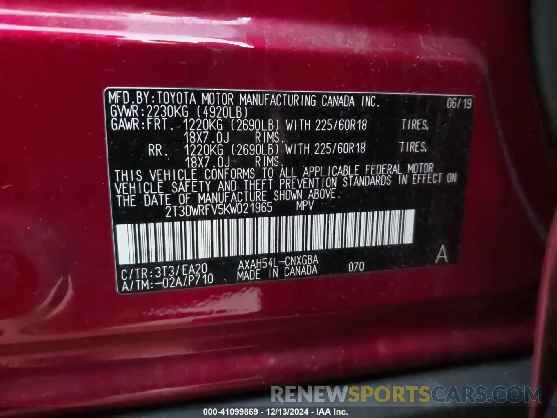 9 fotografías del automóvil dañado 2T3DWRFV5KW021965 TOYOTA RAV4 HYBRID 2019