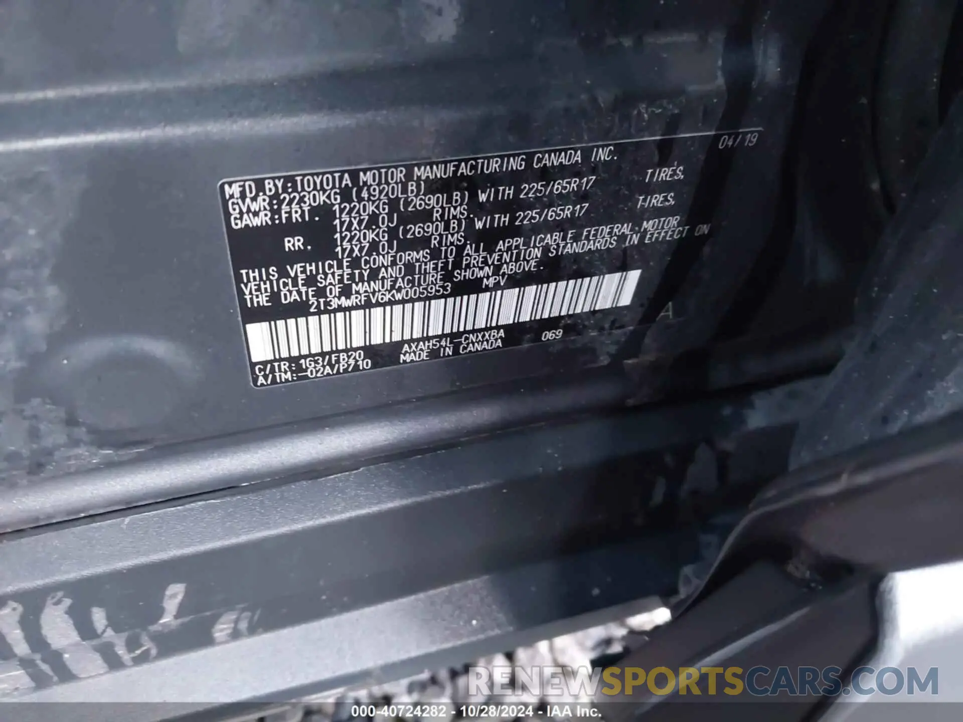 9 fotografías del automóvil dañado 2T3MWRFV6KW005953 TOYOTA RAV4 HYBRID 2019