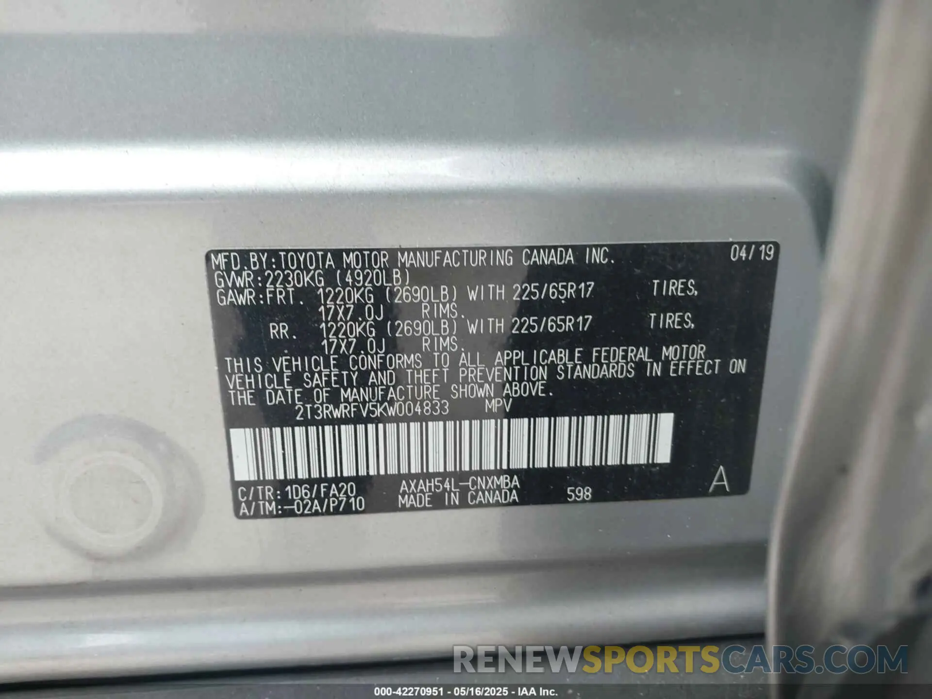 9 fotografías del automóvil dañado 2T3RWRFV5KW004833 TOYOTA RAV4 HYBRID 2019