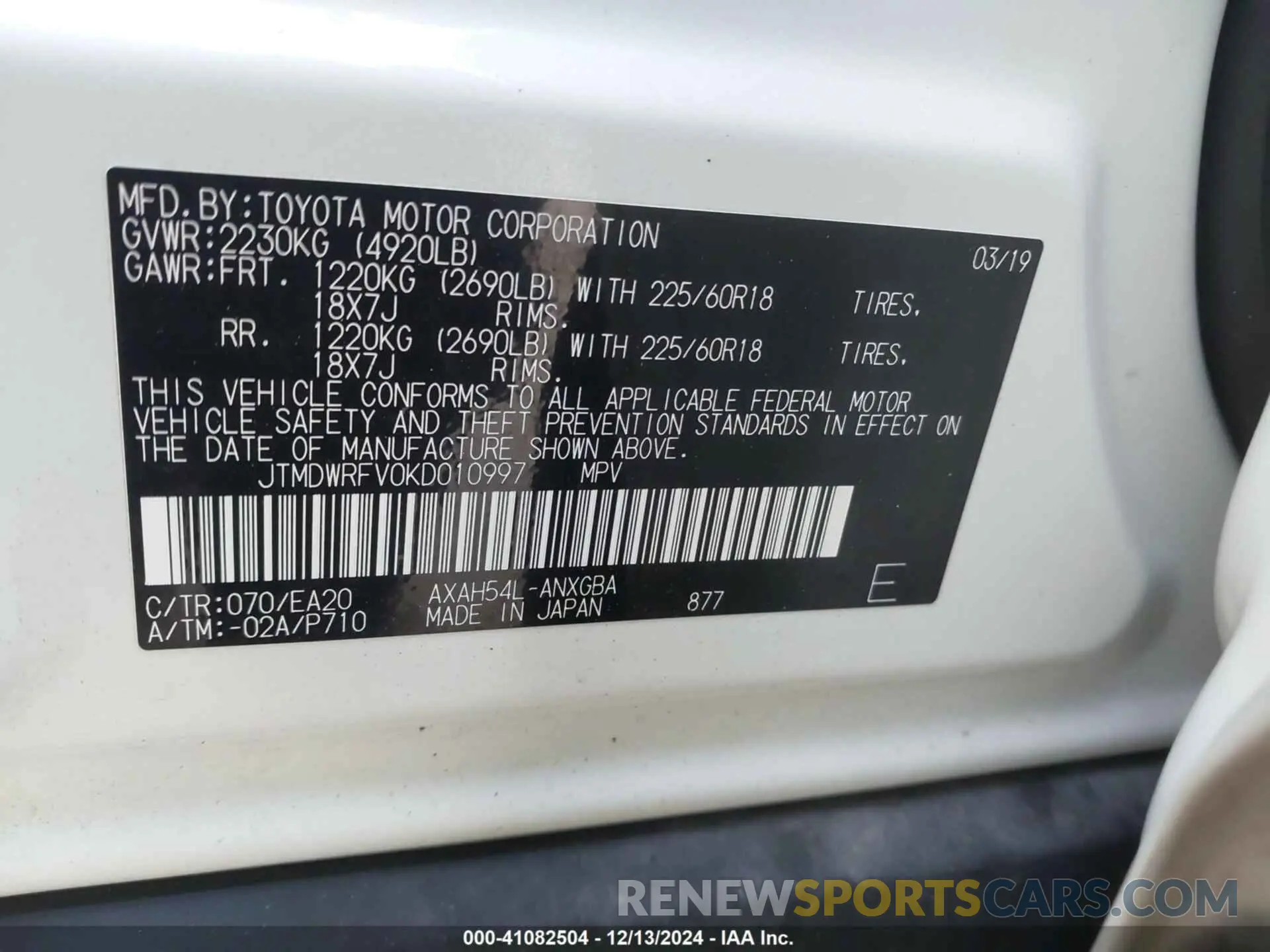 9 fotografías del automóvil dañado JTMDWRFV0KD010997 TOYOTA RAV4 HYBRID 2019