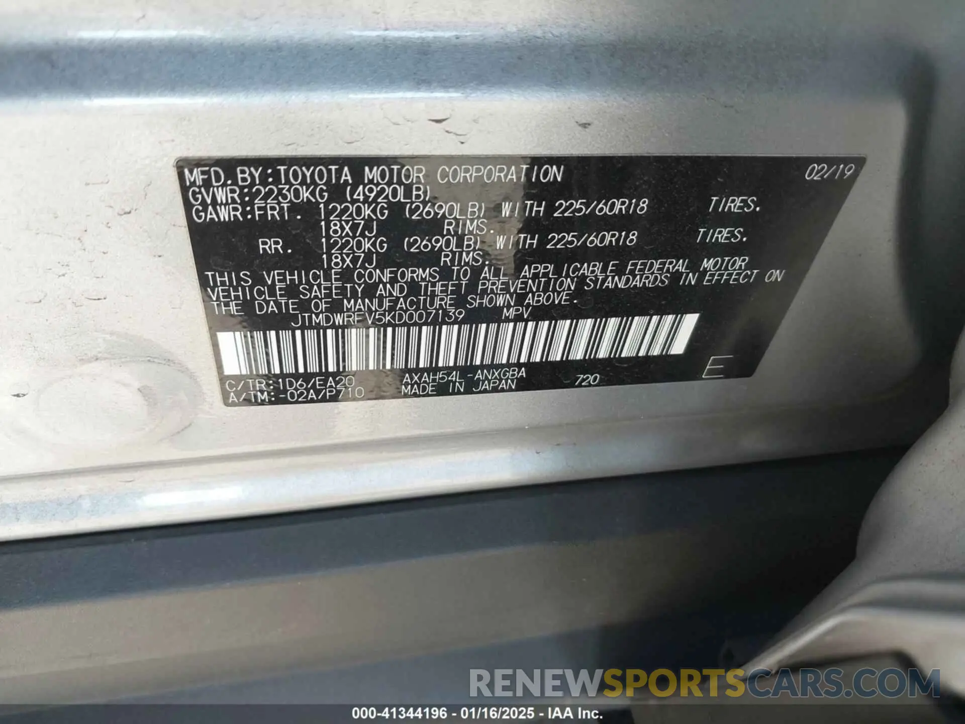 9 fotografías del automóvil dañado JTMDWRFV5KD007139 TOYOTA RAV4 HYBRID 2019