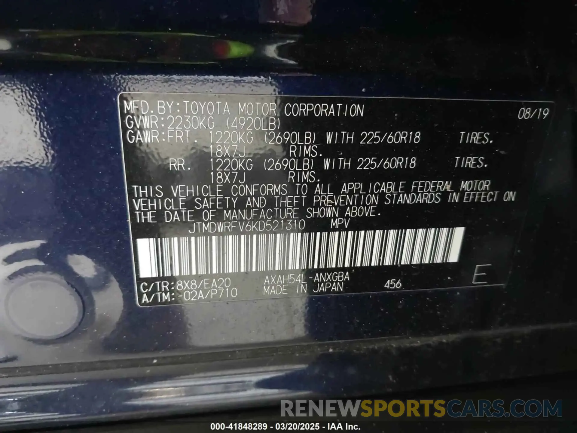 9 fotografías del automóvil dañado JTMDWRFV6KD521310 TOYOTA RAV4 HYBRID 2019