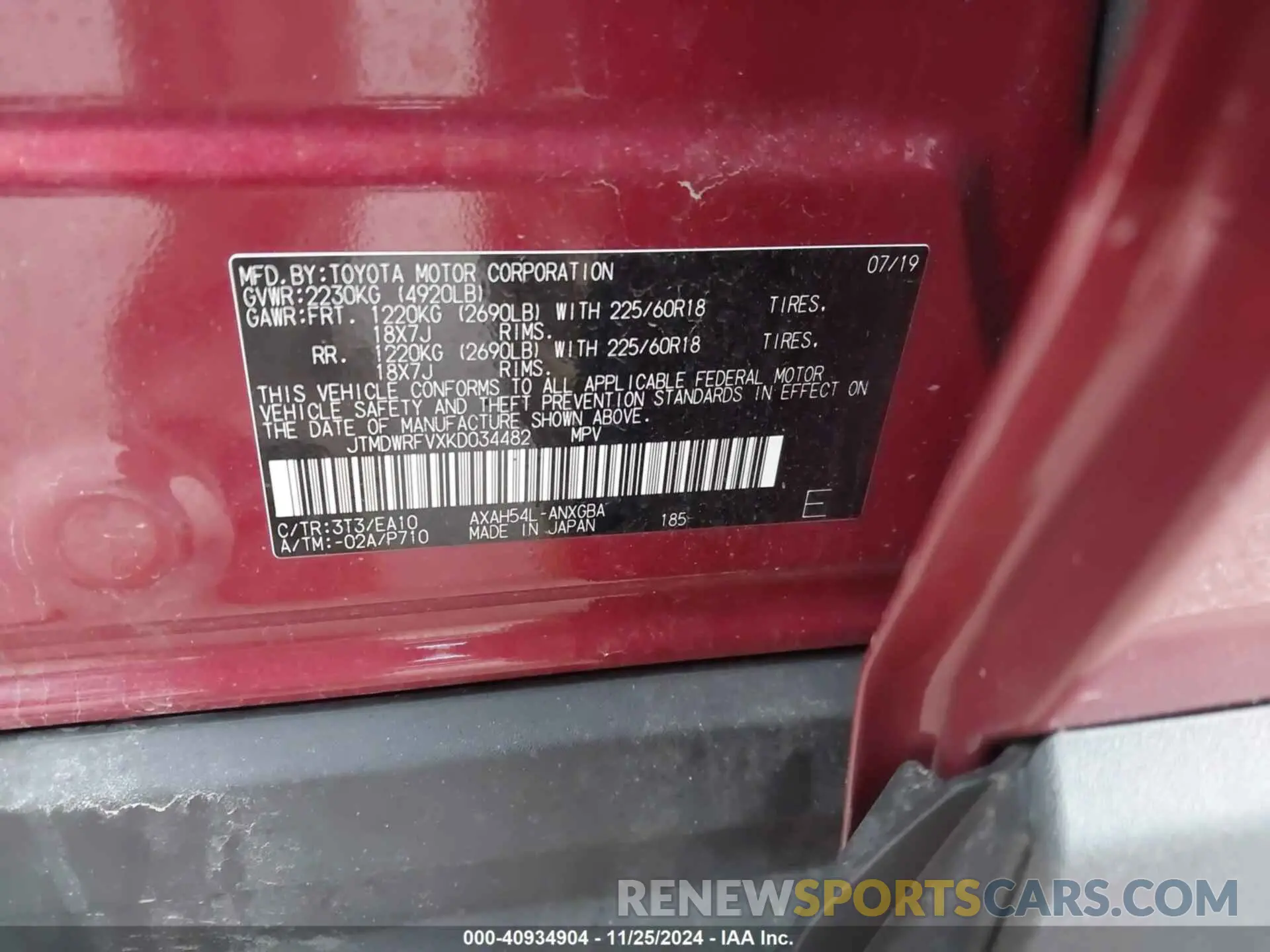 9 fotografías del automóvil dañado JTMDWRFVXKD034482 TOYOTA RAV4 HYBRID 2019