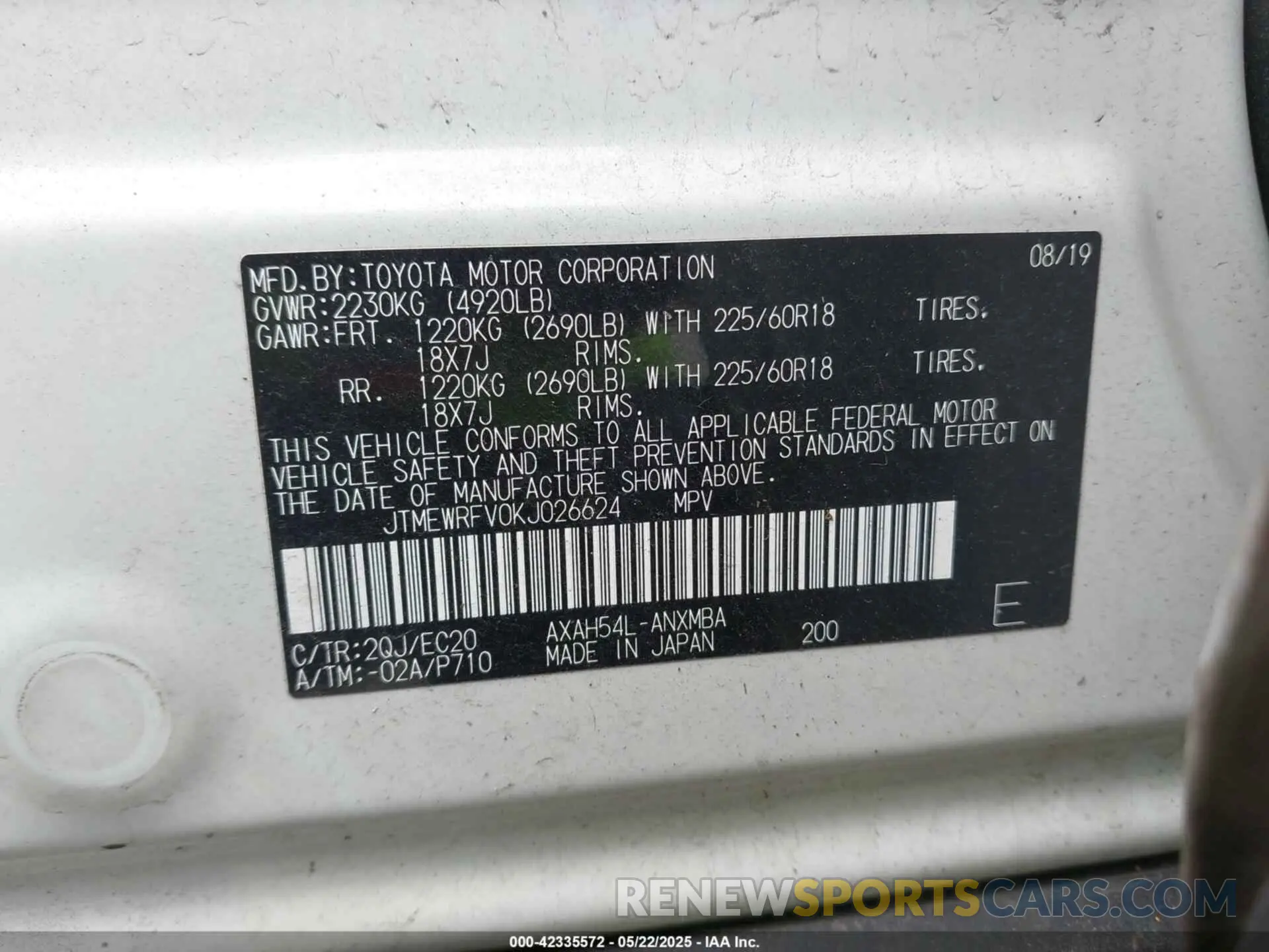 9 fotografías del automóvil dañado JTMEWRFV0KJ026624 TOYOTA RAV4 HYBRID 2019