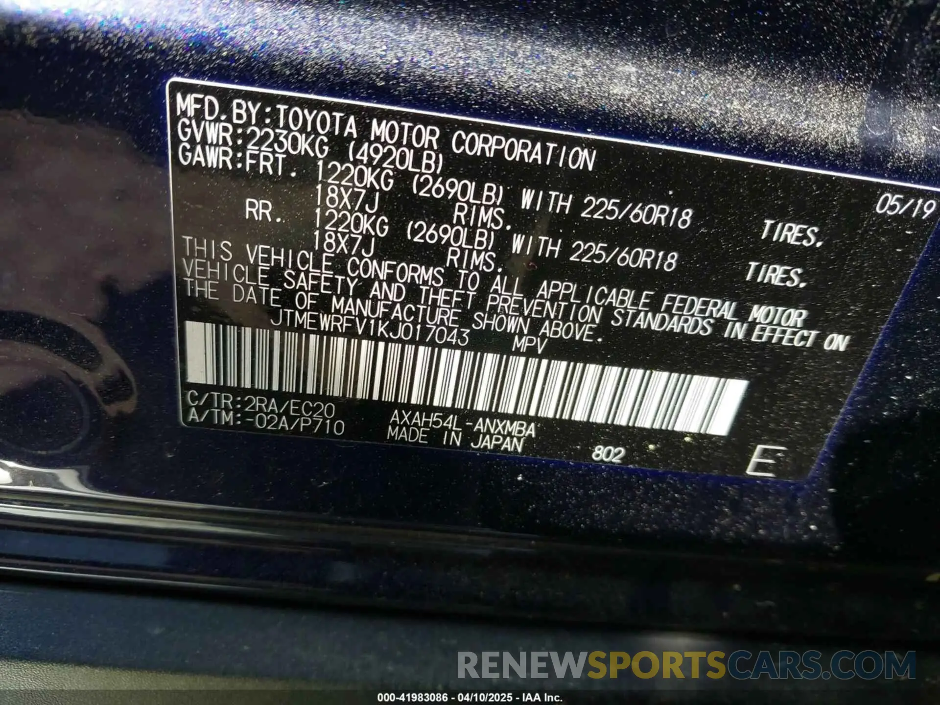 9 fotografías del automóvil dañado JTMEWRFV1KJ017043 TOYOTA RAV4 HYBRID 2019