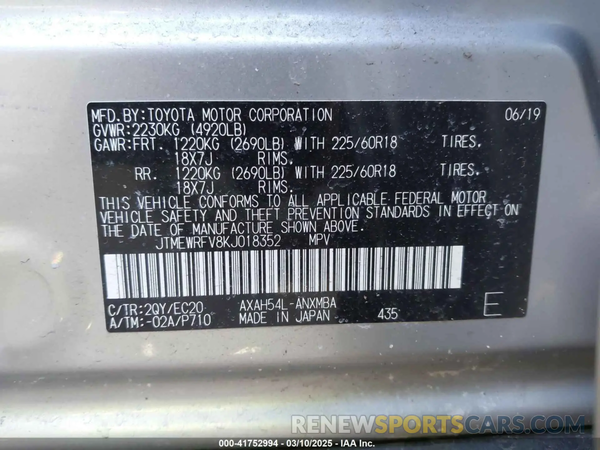9 fotografías del automóvil dañado JTMEWRFV8KJ018352 TOYOTA RAV4 HYBRID 2019