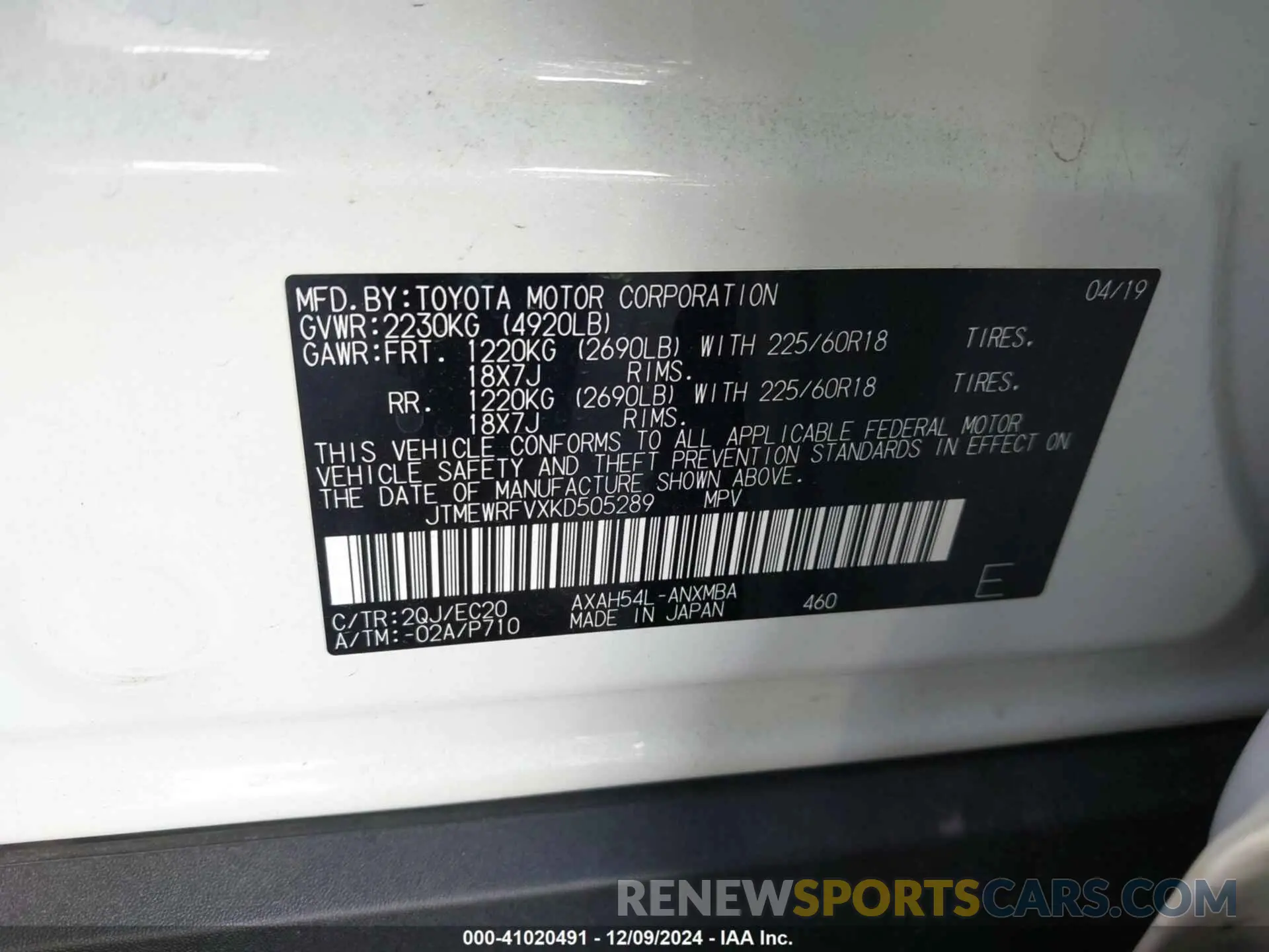 9 fotografías del automóvil dañado JTMEWRFVXKD505289 TOYOTA RAV4 HYBRID 2019