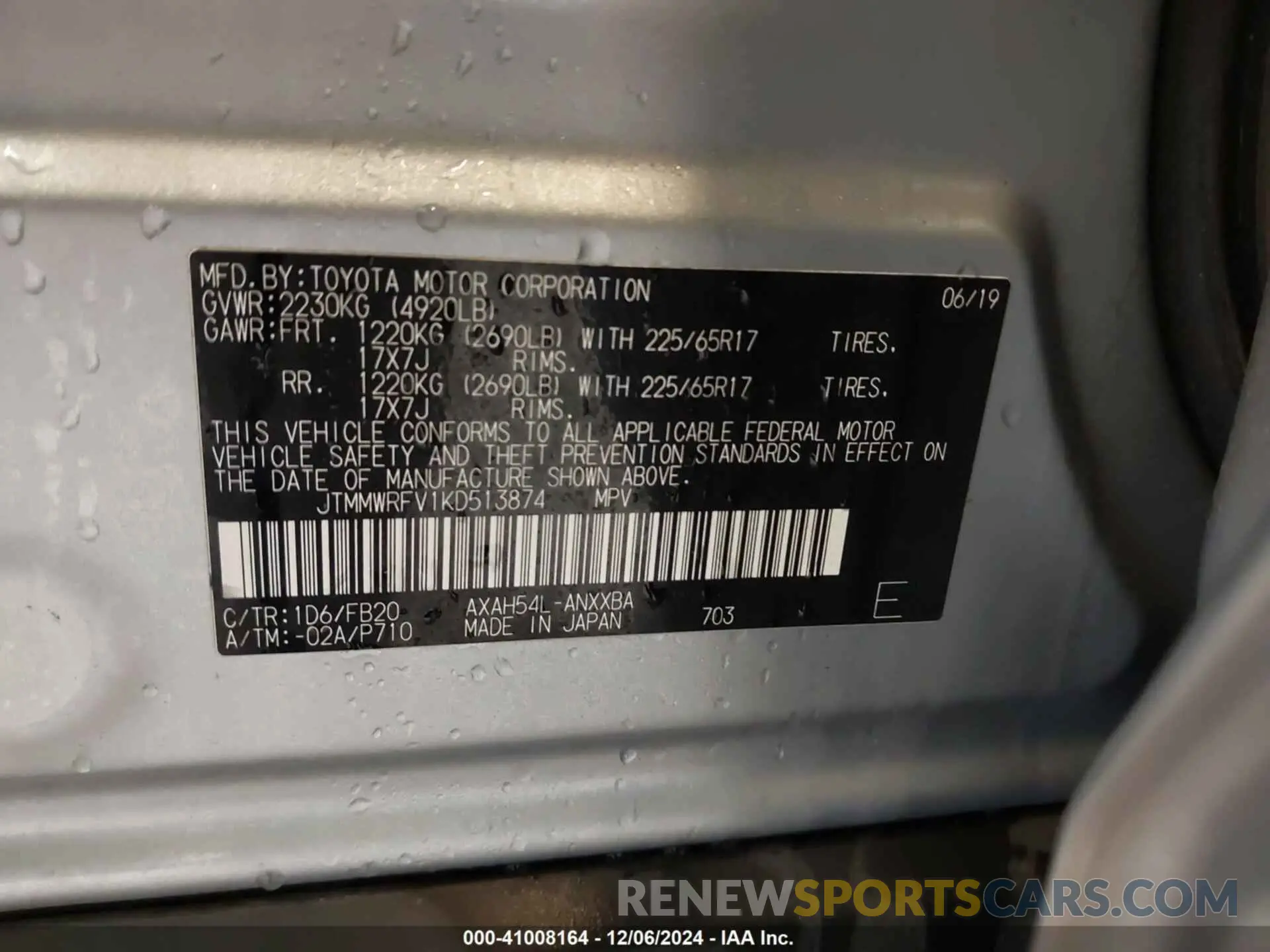 9 fotografías del automóvil dañado JTMMWRFV1KD513874 TOYOTA RAV4 HYBRID 2019
