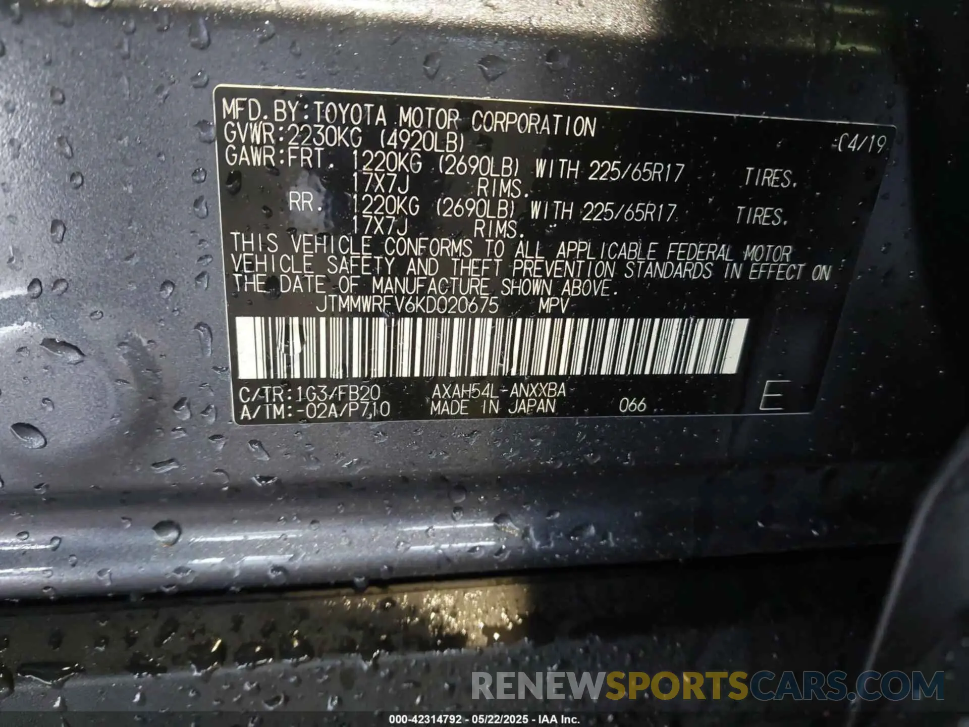 9 fotografías del automóvil dañado JTMMWRFV6KD020675 TOYOTA RAV4 HYBRID 2019