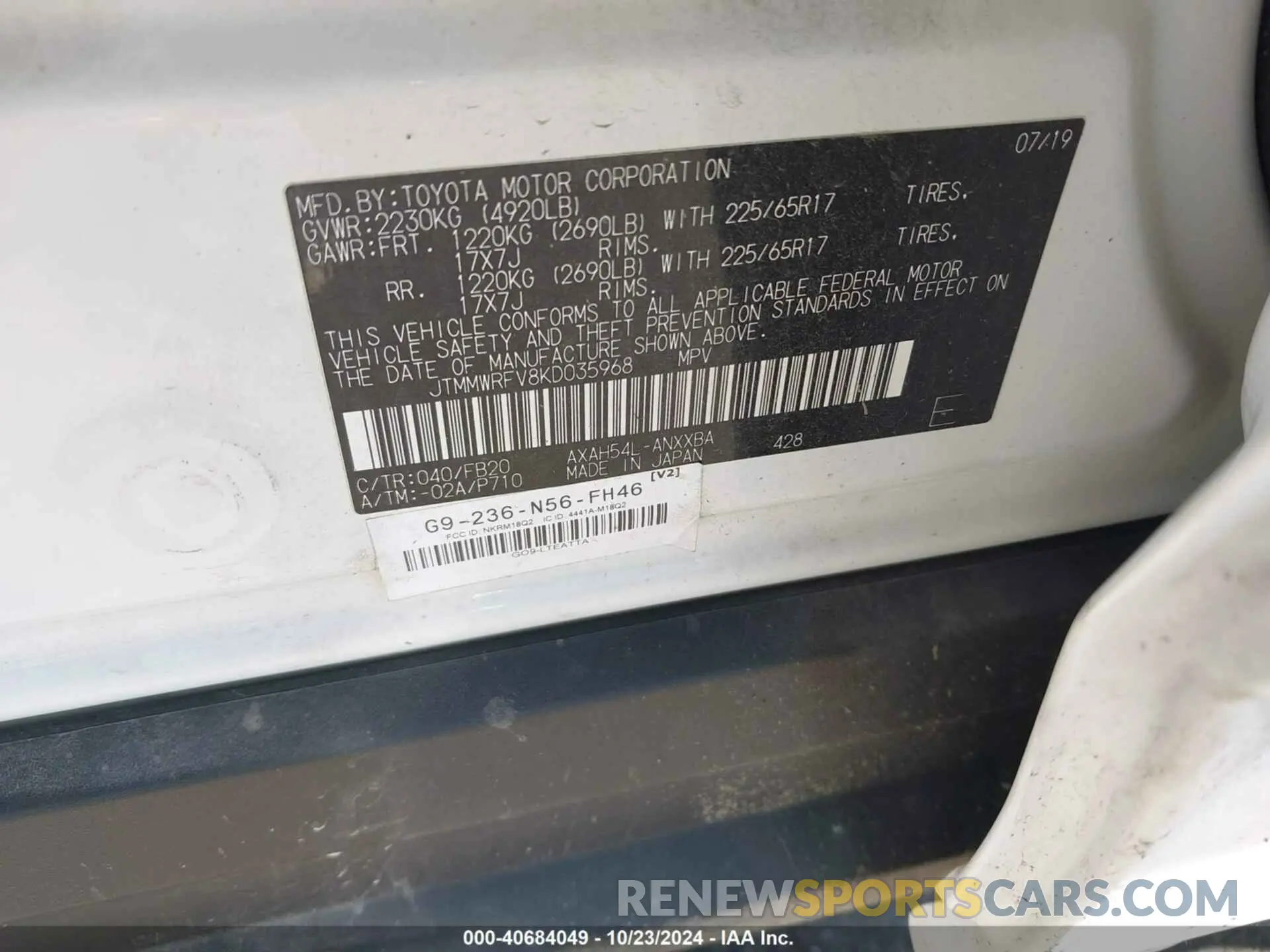 9 fotografías del automóvil dañado JTMMWRFV8KD035968 TOYOTA RAV4 HYBRID 2019