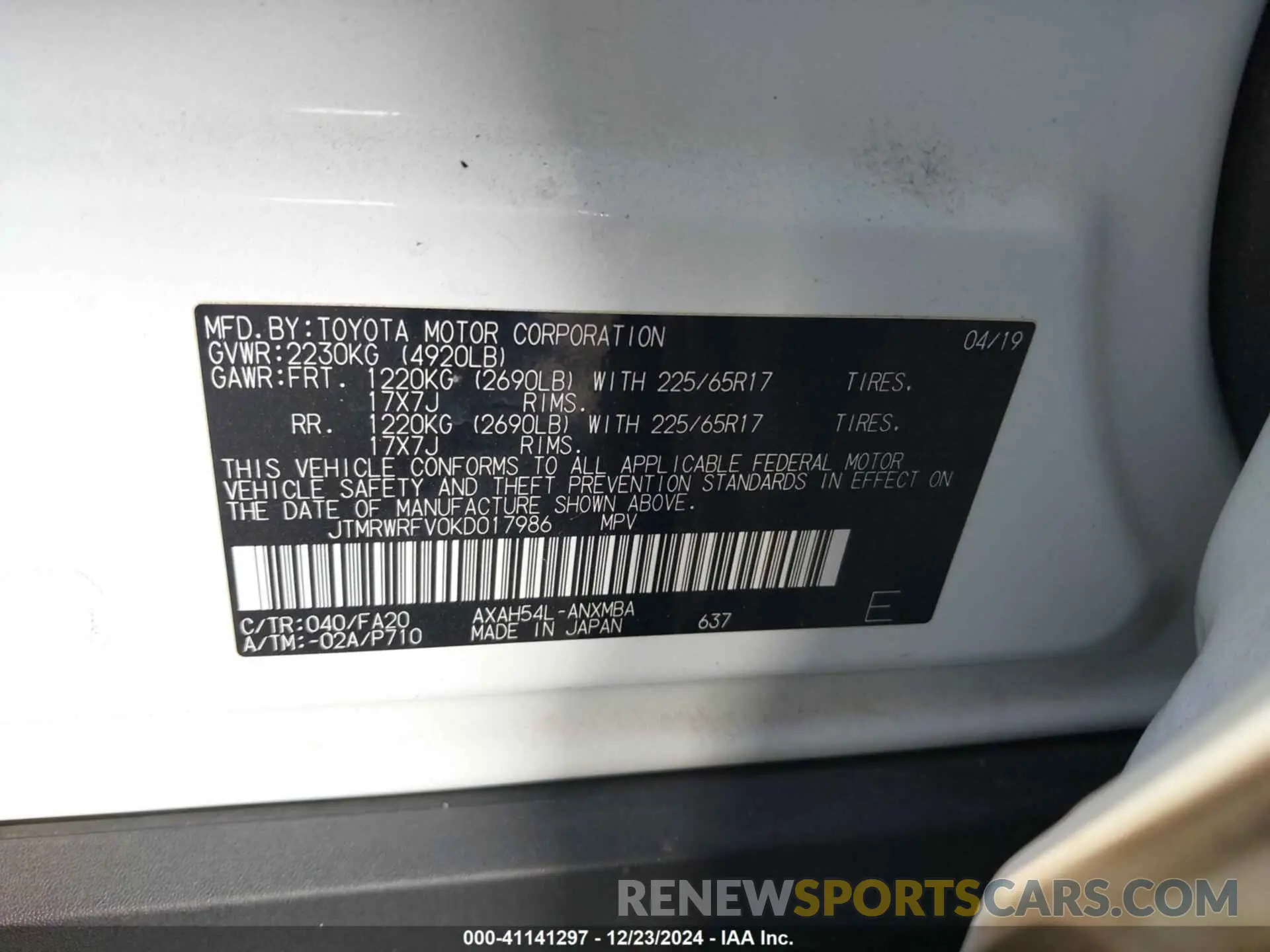 9 fotografías del automóvil dañado JTMRWRFV0KD017986 TOYOTA RAV4 HYBRID 2019