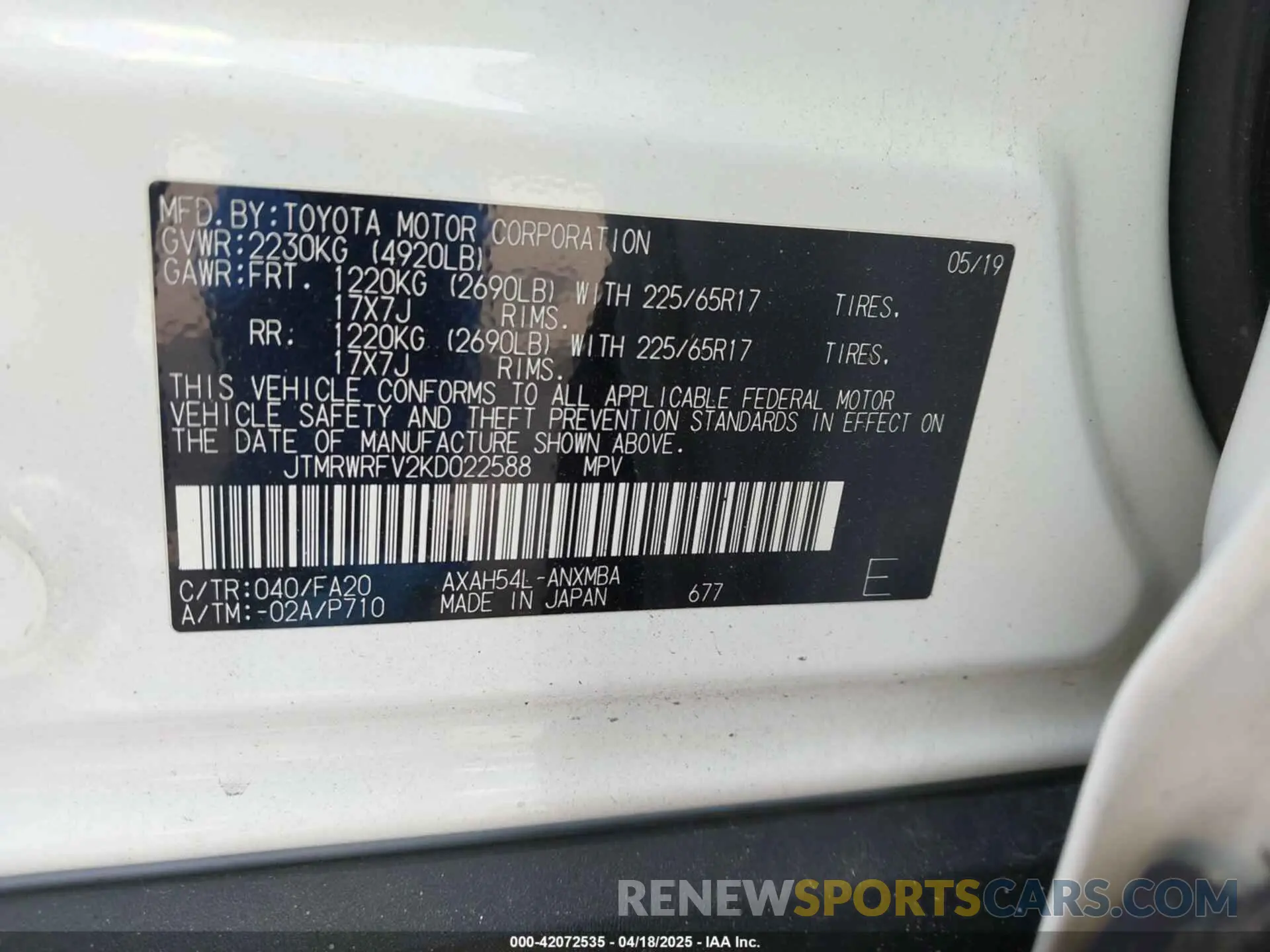 9 fotografías del automóvil dañado JTMRWRFV2KD022588 TOYOTA RAV4 HYBRID 2019