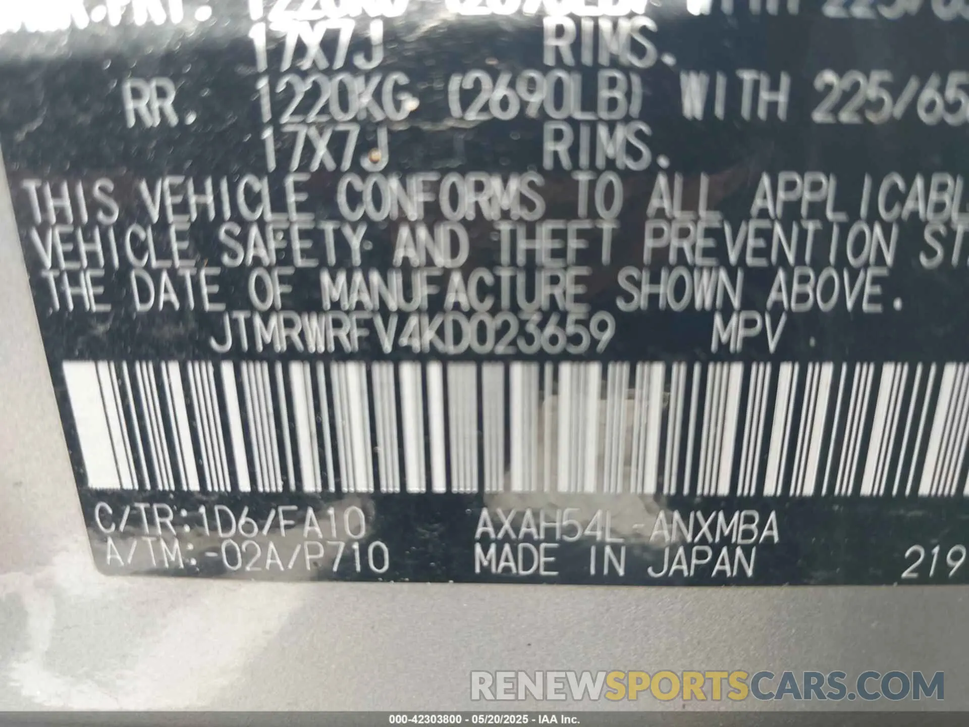 9 fotografías del automóvil dañado JTMRWRFV4KD023659 TOYOTA RAV4 HYBRID 2019