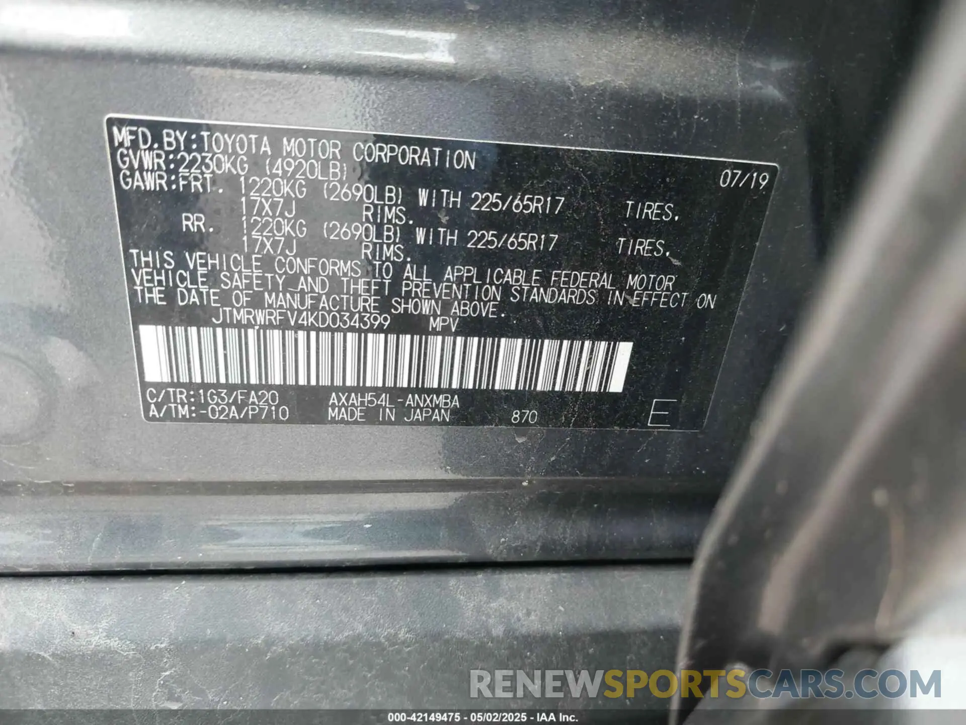 9 fotografías del automóvil dañado JTMRWRFV4KD034399 TOYOTA RAV4 HYBRID 2019