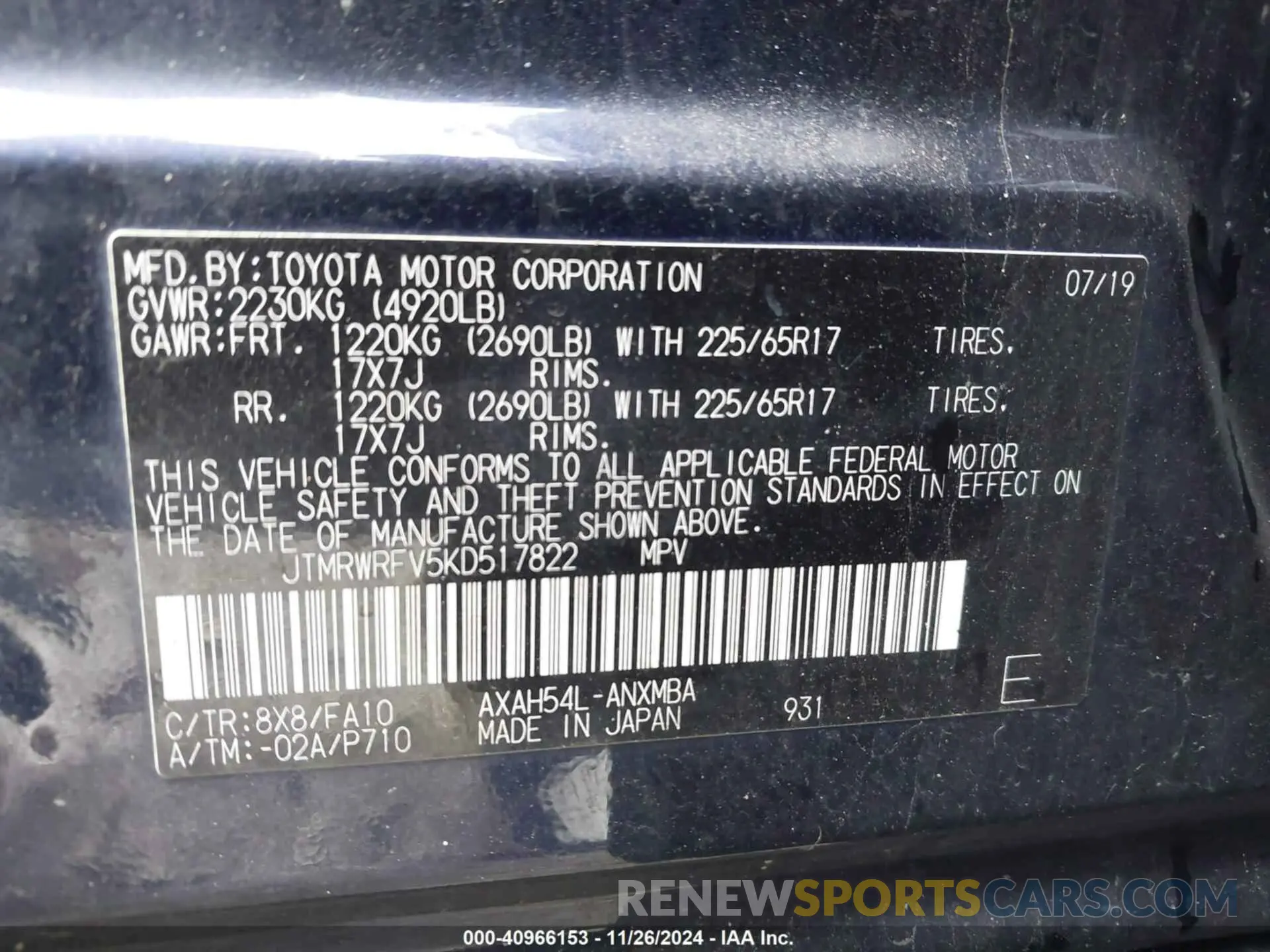 9 fotografías del automóvil dañado JTMRWRFV5KD517822 TOYOTA RAV4 HYBRID 2019