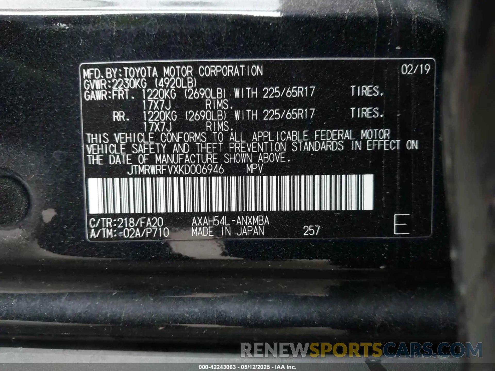 9 fotografías del automóvil dañado JTMRWRFVXKD006946 TOYOTA RAV4 HYBRID 2019