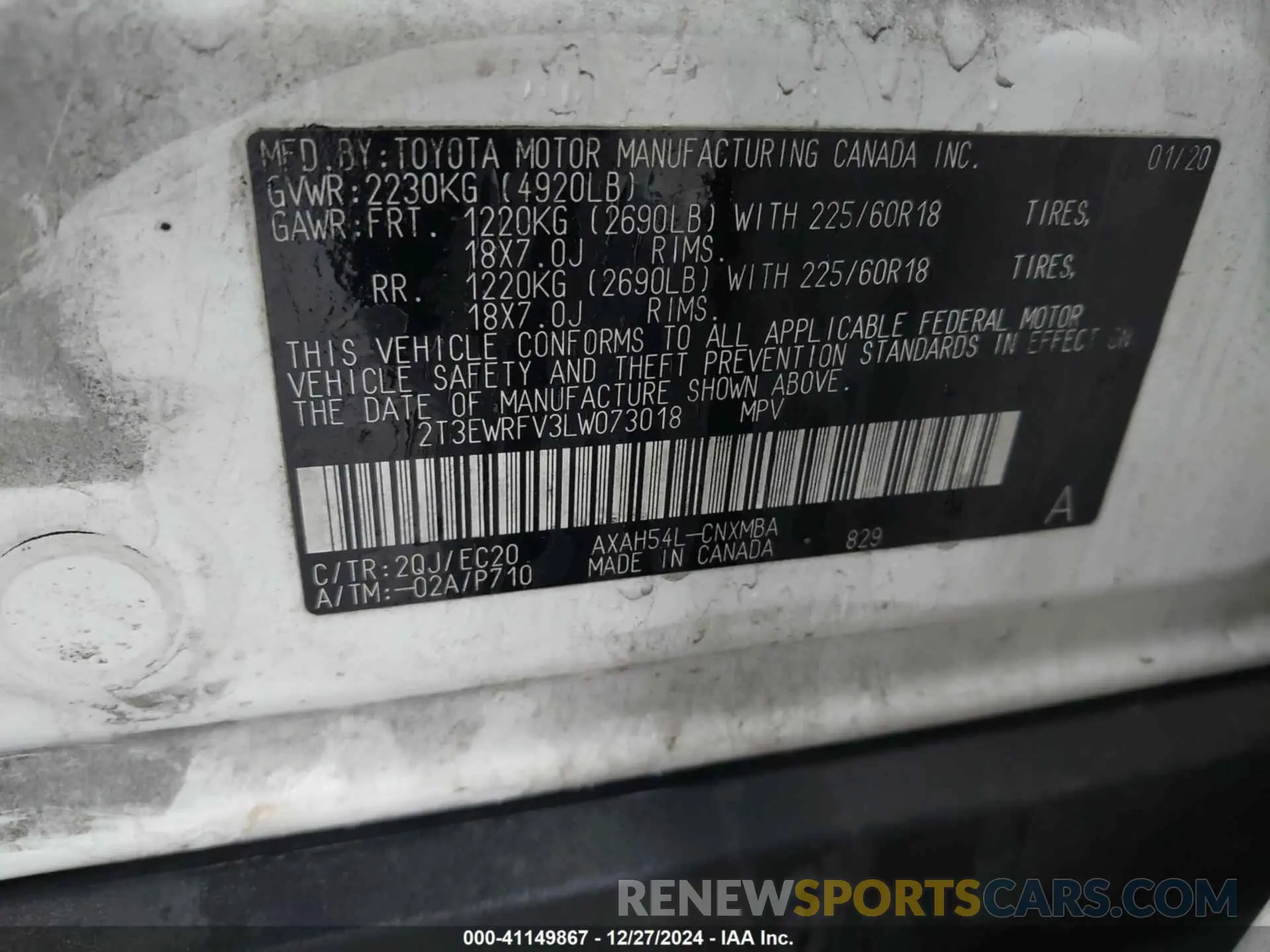 9 fotografías del automóvil dañado 2T3EWRFV3LW073018 TOYOTA RAV4 HYBRID 2020