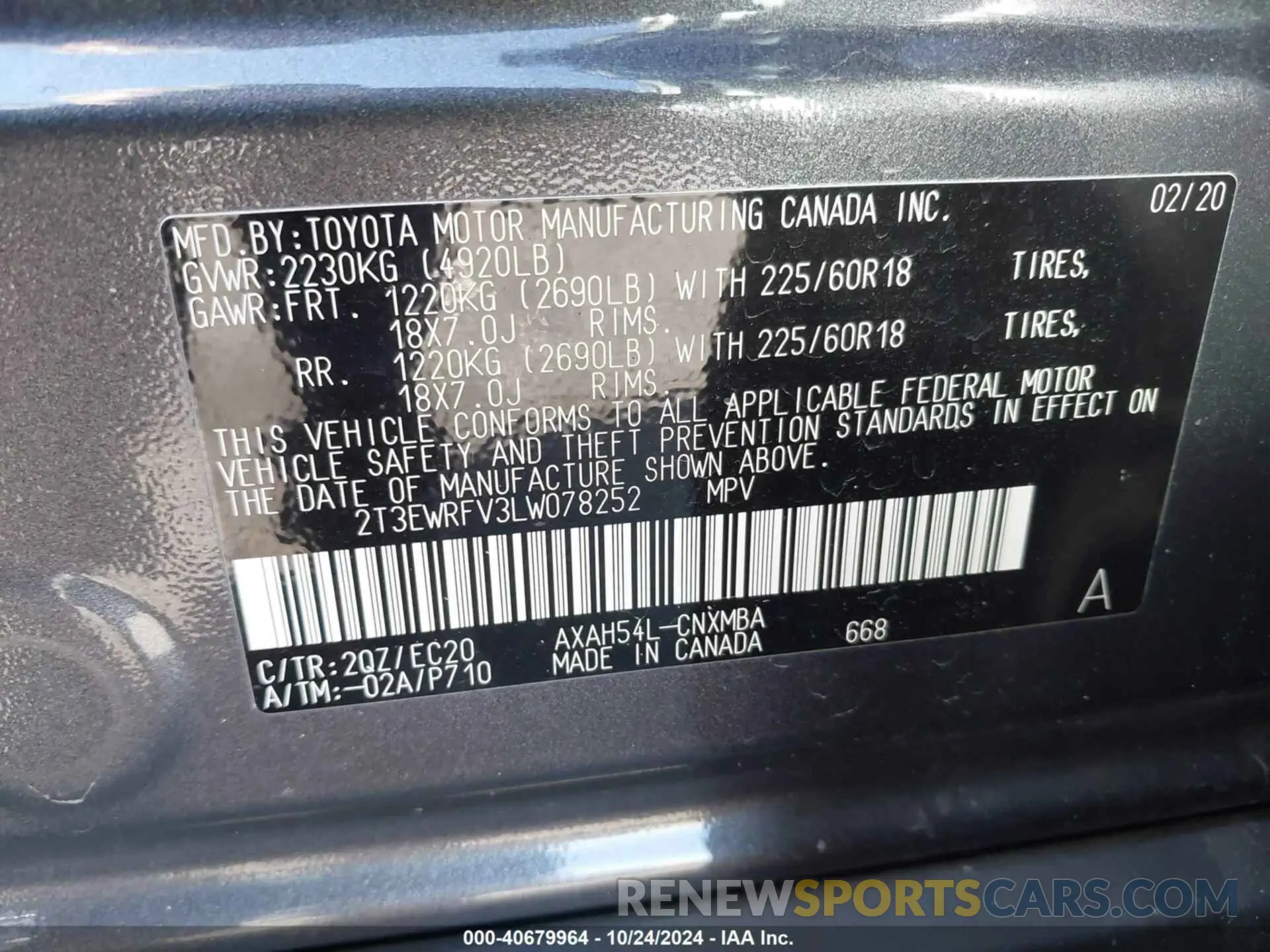 9 fotografías del automóvil dañado 2T3EWRFV3LW078252 TOYOTA RAV4 HYBRID 2020