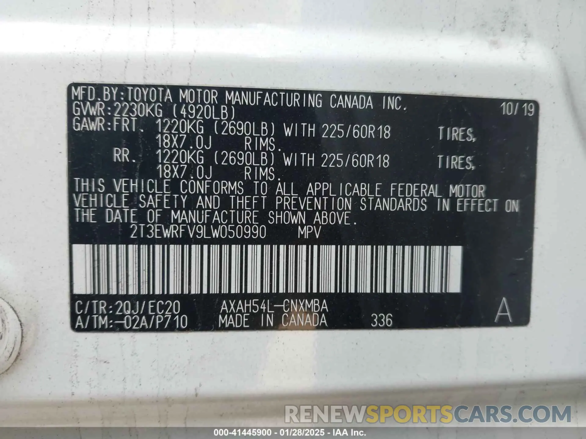 9 fotografías del automóvil dañado 2T3EWRFV9LW050990 TOYOTA RAV4 HYBRID 2020
