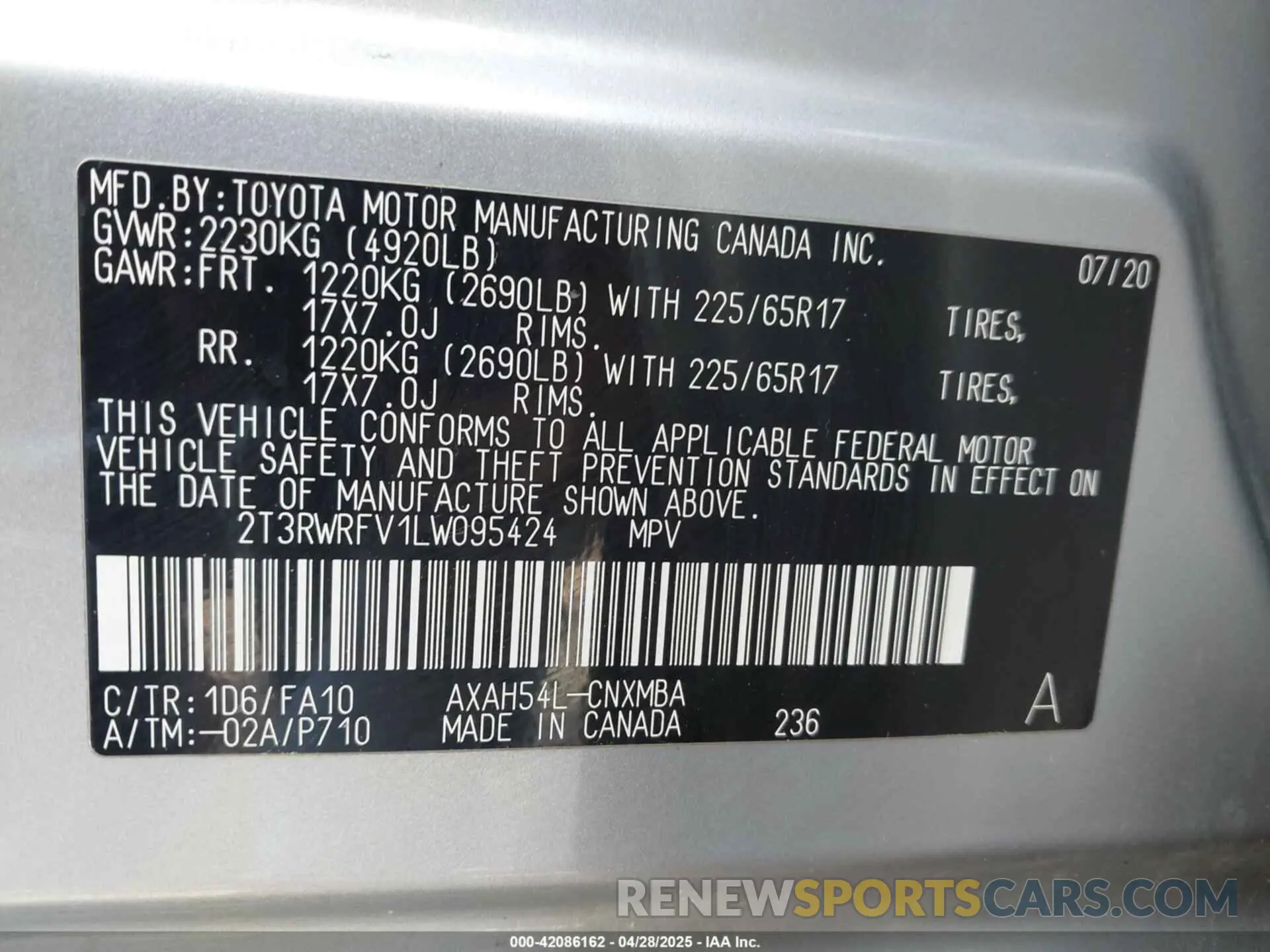 9 fotografías del automóvil dañado 2T3RWRFV1LW095424 TOYOTA RAV4 HYBRID 2020