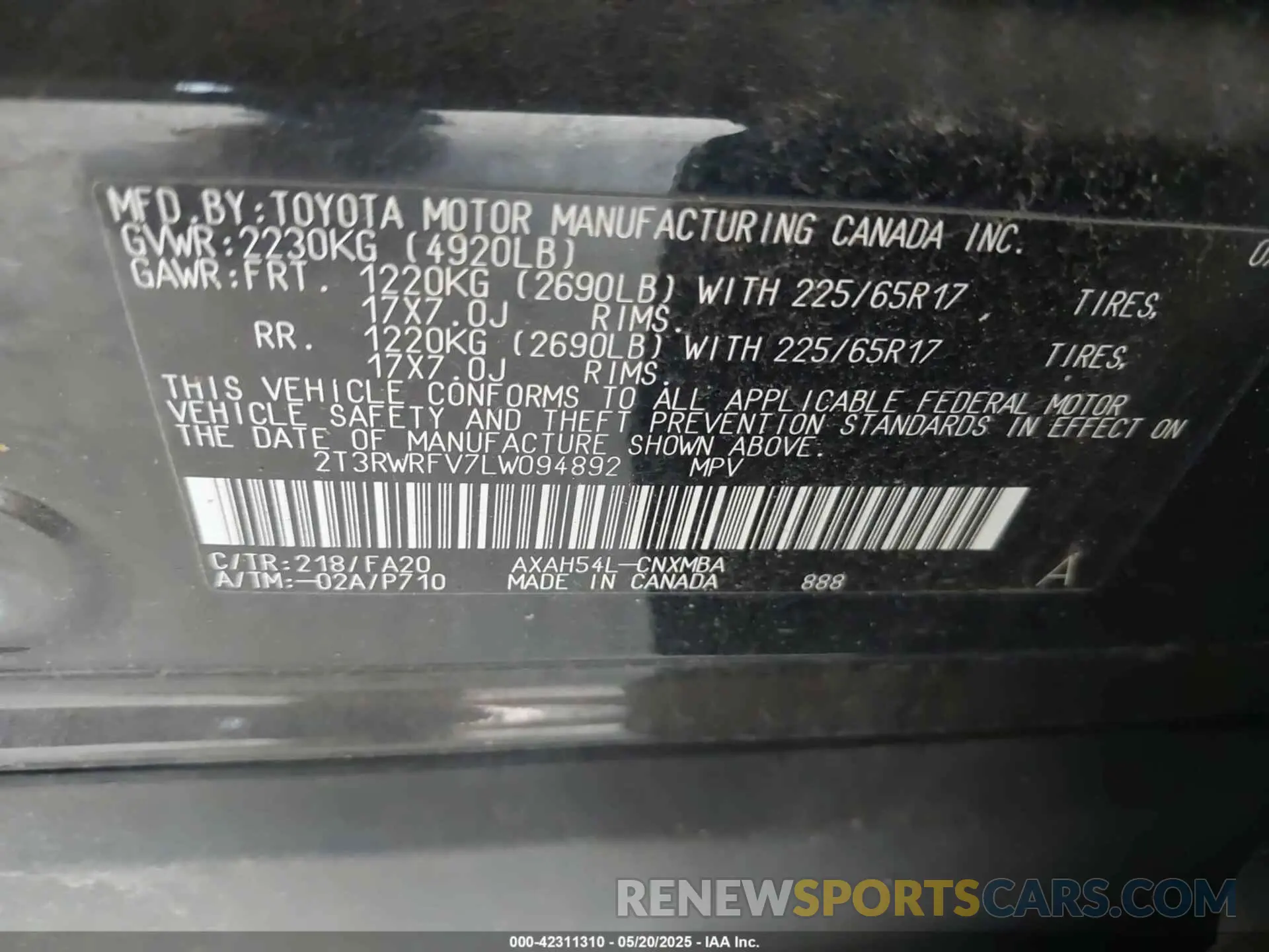 9 fotografías del automóvil dañado 2T3RWRFV7LW094892 TOYOTA RAV4 HYBRID 2020
