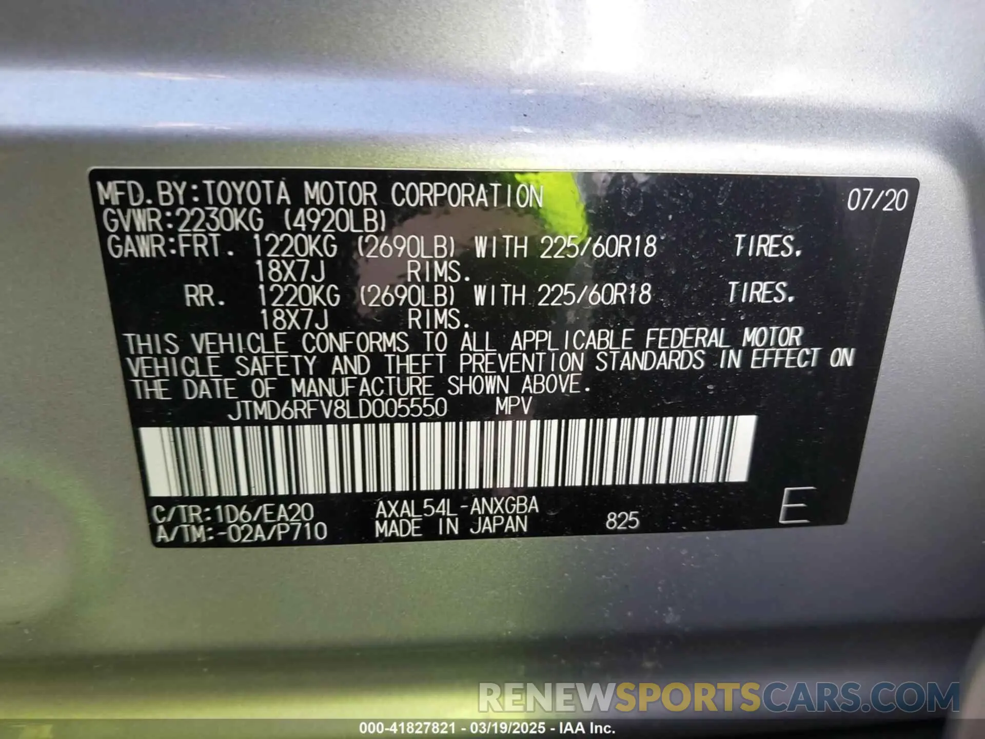 9 fotografías del automóvil dañado JTMD6RFV8LD005550 TOYOTA RAV4 HYBRID 2020