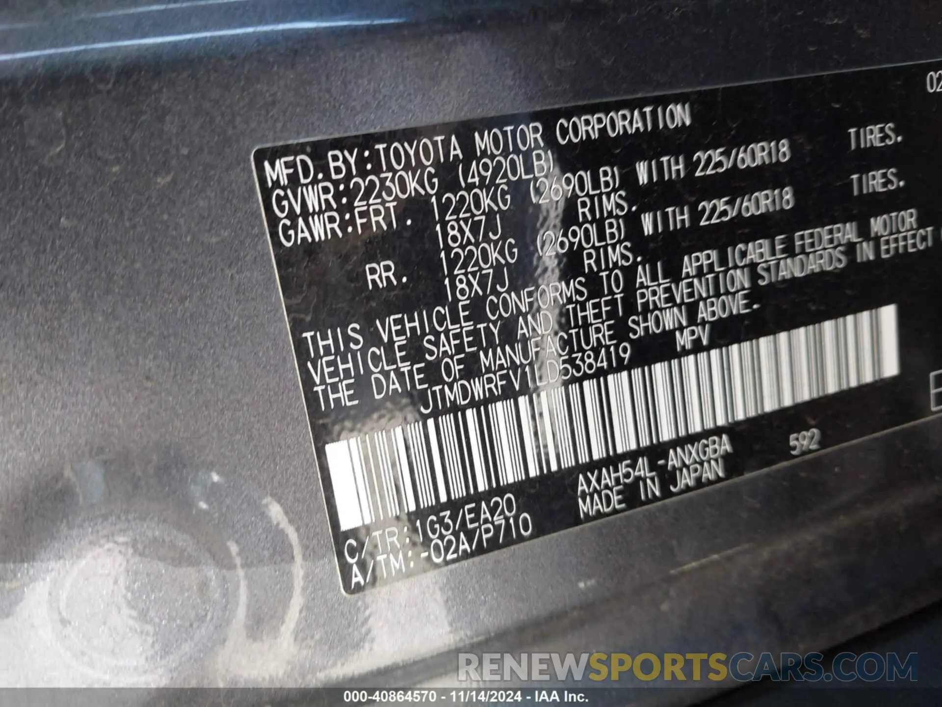 9 fotografías del automóvil dañado JTMDWRFV1LD538419 TOYOTA RAV4 HYBRID 2020