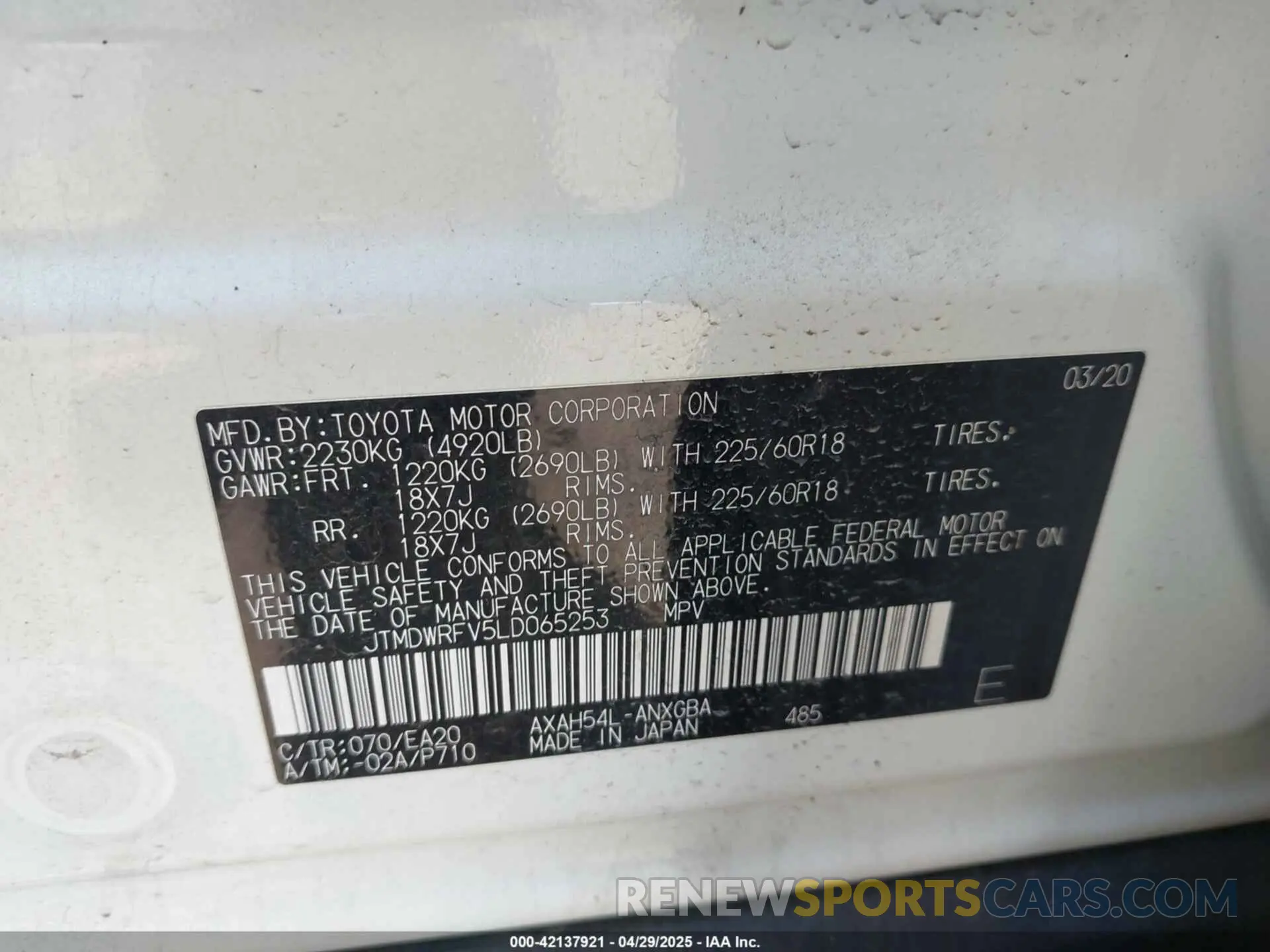 9 fotografías del automóvil dañado JTMDWRFV5LD065253 TOYOTA RAV4 HYBRID 2020